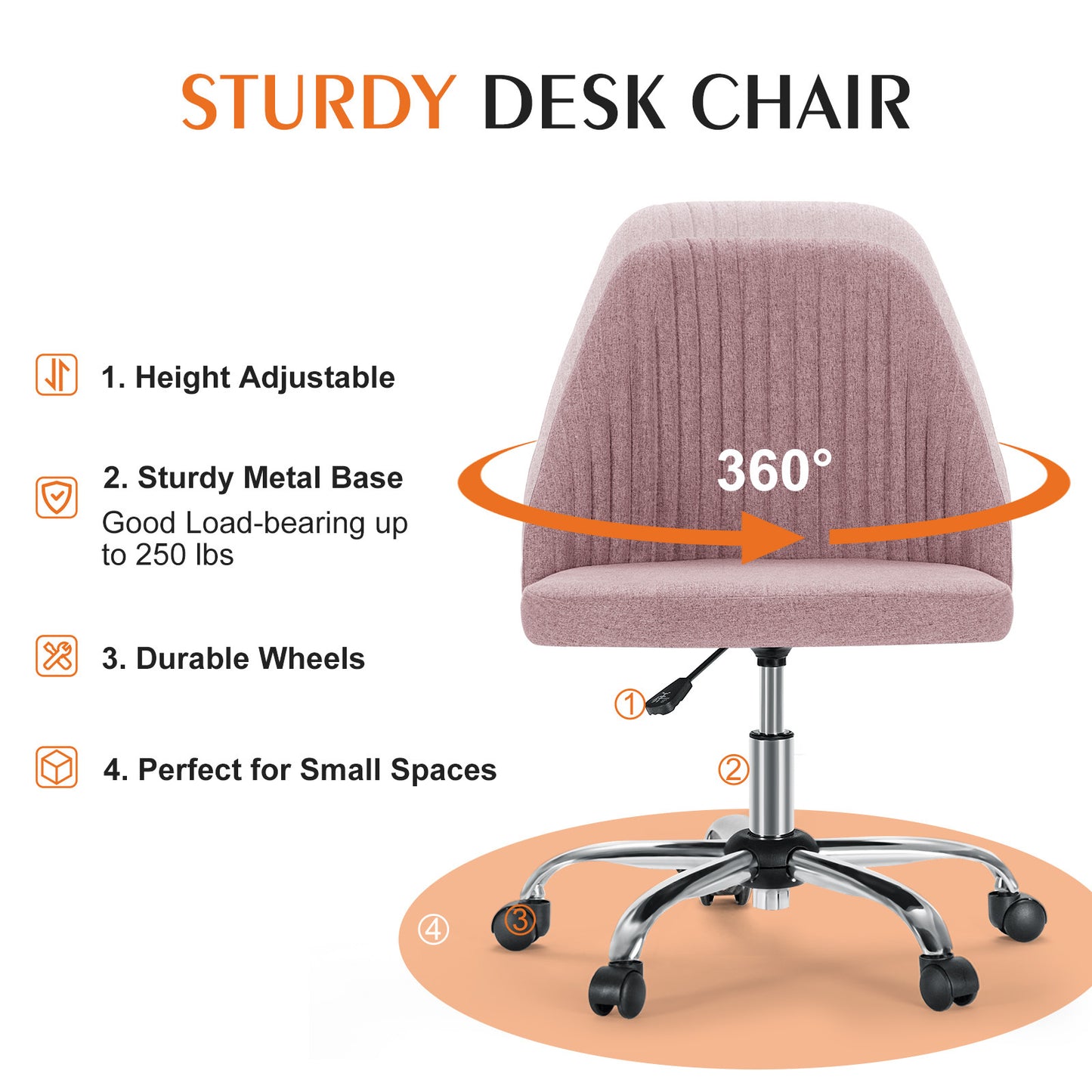 Sweetcrispy Armless Home Office  Desk Chair with Wheels Adjustable Swivel Task Computer Vanity Chair for Small Spaces