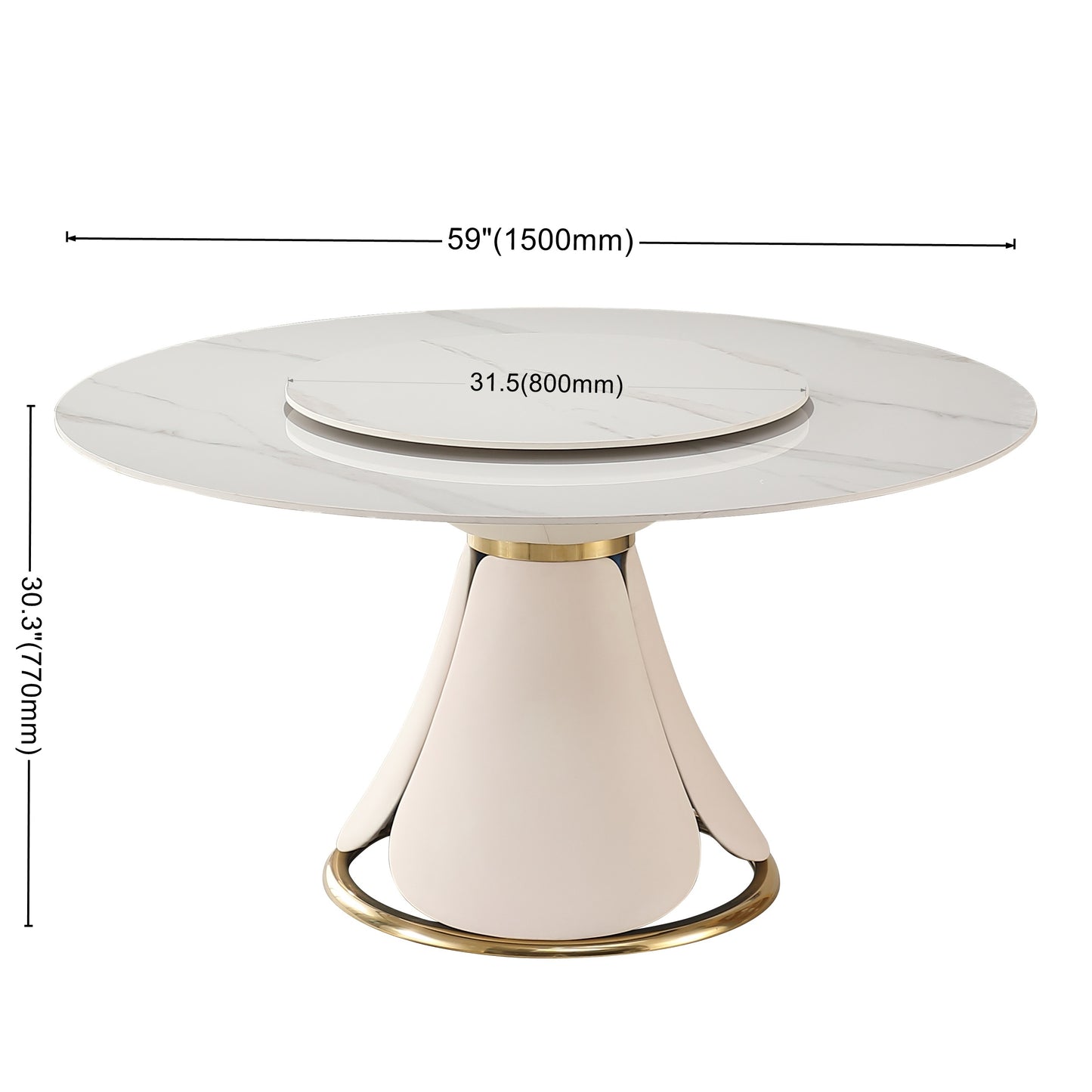 59.05"Modern Sintered stone dining table with 31.5" round turntable with wood and metal exquisite pedestal with 8 pcs Chairs .