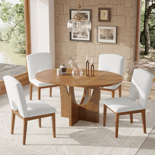 TOPMAX Modern 5-Piece Extendable Round Dining Table Set with 16.2inch Removable Leaf for Small Places, Walnut+Beige