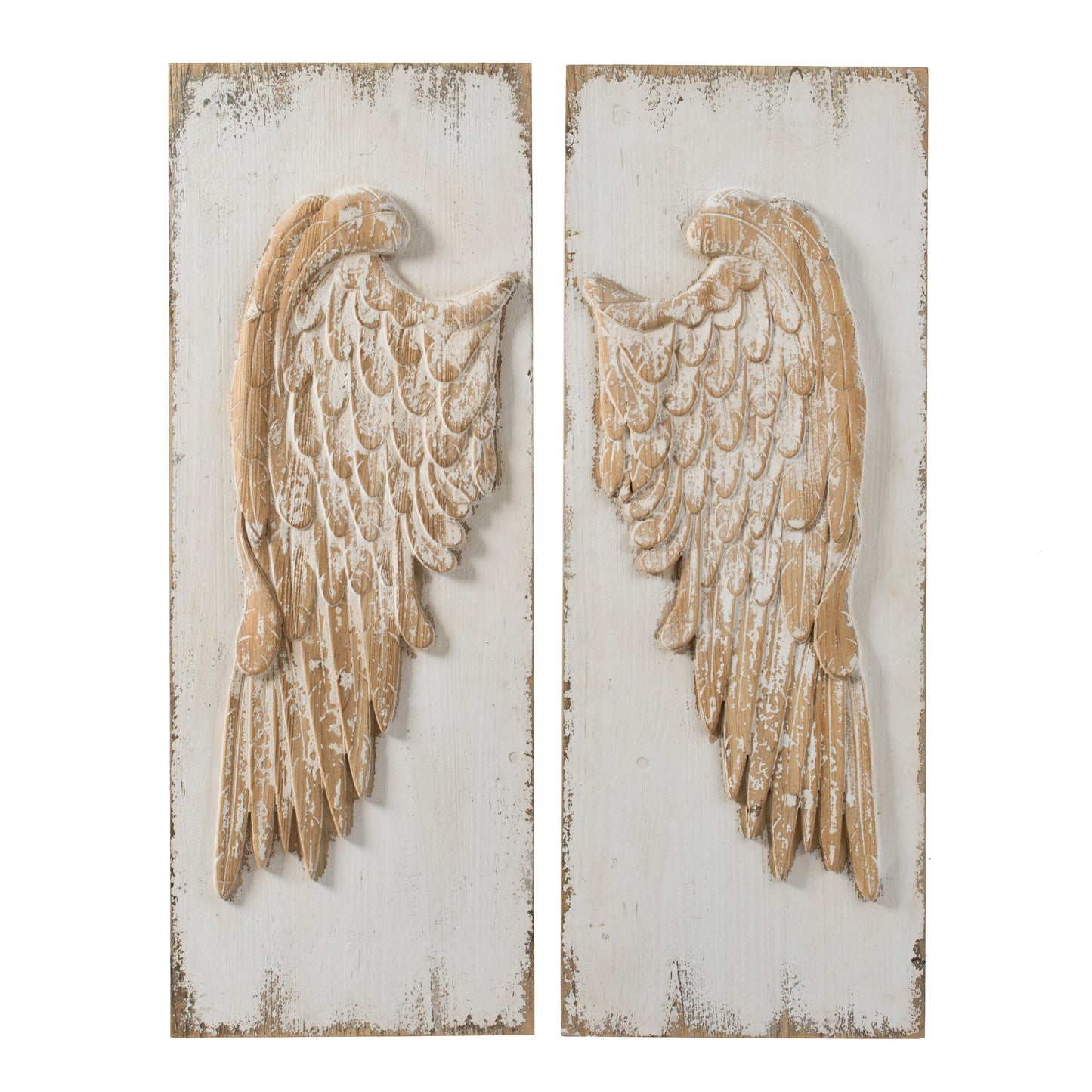 Set of 2 Feather Wing Wall Panels with Distressed White Finish, Rectangle Hanging Wall Art, 42" x 15.5"