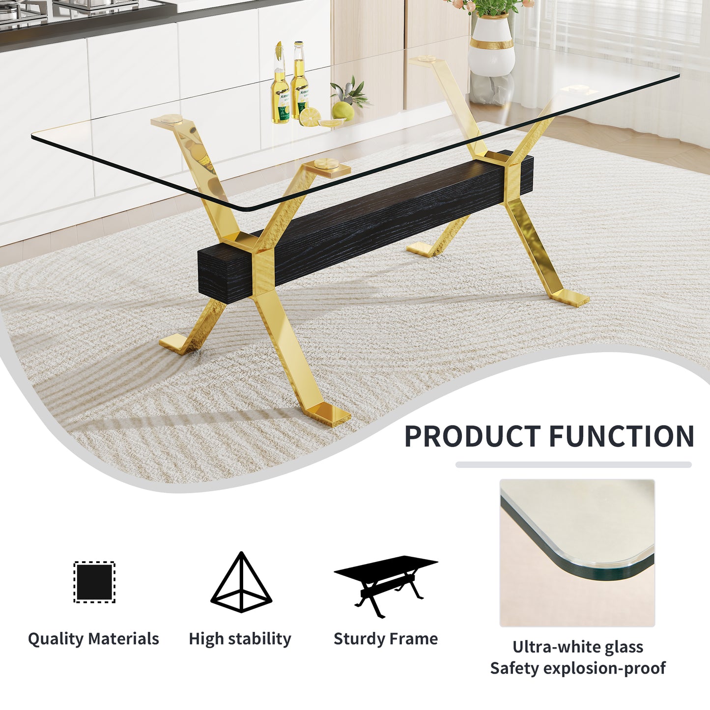 1 table and 8 chairs. Modern simple luxury tempered glass rectangular dining table and desk with 8 black PU gold plated leg chairs 79''x39''x30''