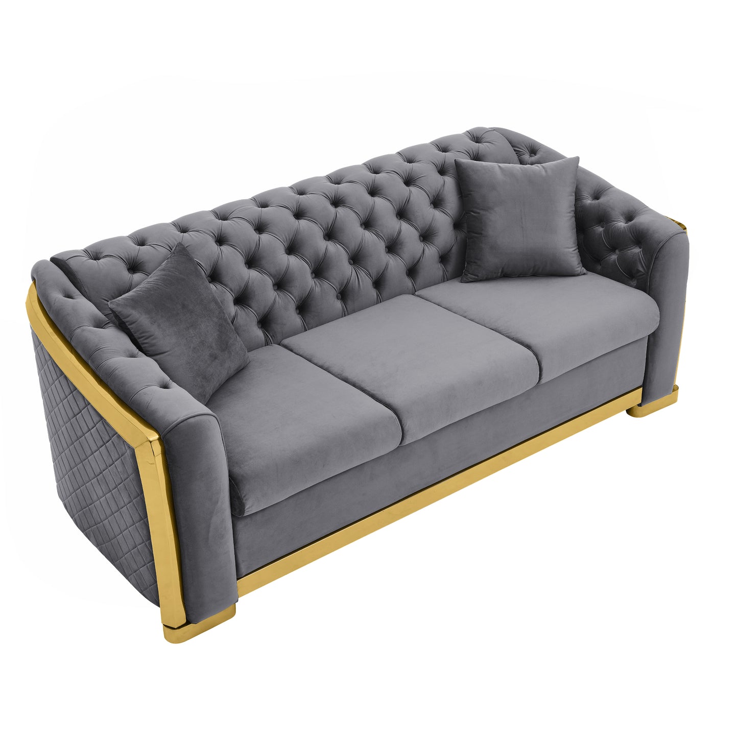 Velvet Luxury Chesterfield Sofa Set, 84 Inches Tufted 3 Seat Couch with Gold Stainless for Living Room, Grey Fabric