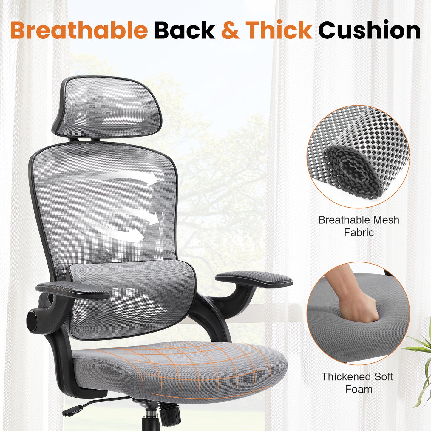 High Back Desk Chair with Adjustable Lumbar Support & Headrest,Comfortable Mesh Computer Chair with Soft Flip Up Arms, Adjustable Height and 120°Tilt,gray