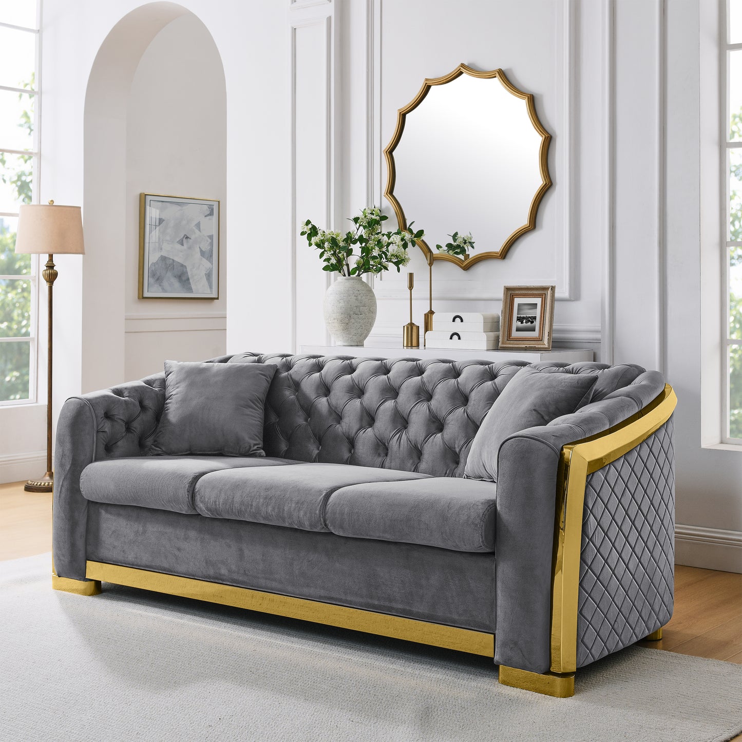 Velvet Luxury Chesterfield Sofa Set, 84 Inches Tufted 3 Seat Couch with Gold Stainless for Living Room, Grey Fabric