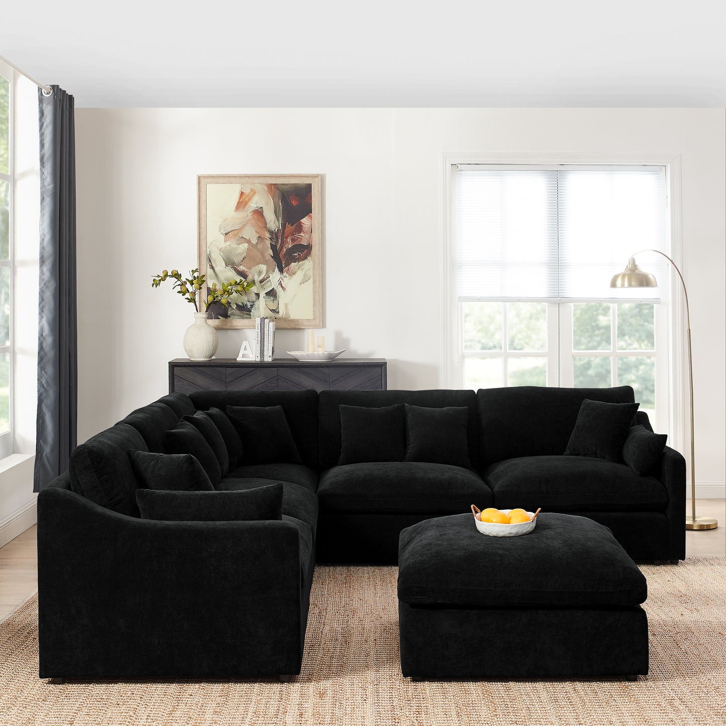 6-Seats Modular L-Shaped Sectional Sofa with Ottoman,10 Pillows, Oversized Upholstered Couch w/Removabled Down-Filled Seat Cushion  for Living Room, Chenille Black