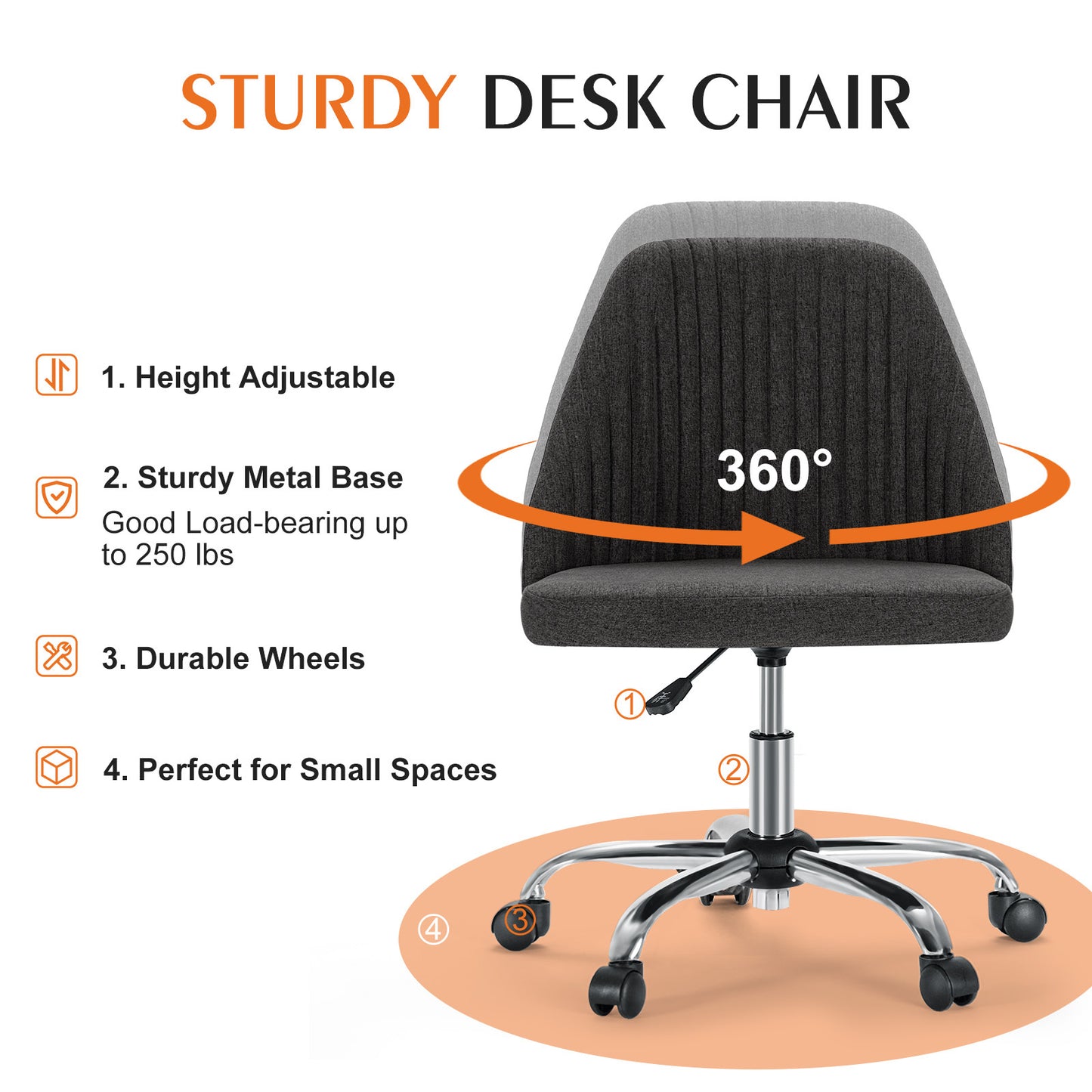 Sweetcrispy Armless Home Office  Desk Chair with Wheels Adjustable Swivel Task Computer Vanity Chair for Small Spaces