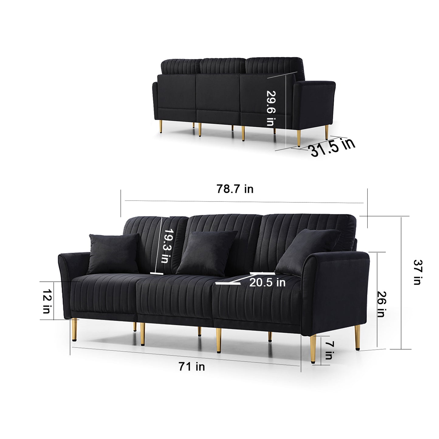 Mid-Century Tufted 3-Seat Sofa Couch for Living Room, Office, Apartment, Dorm, Studio and Small Space, 3 Pillows Included (Black)