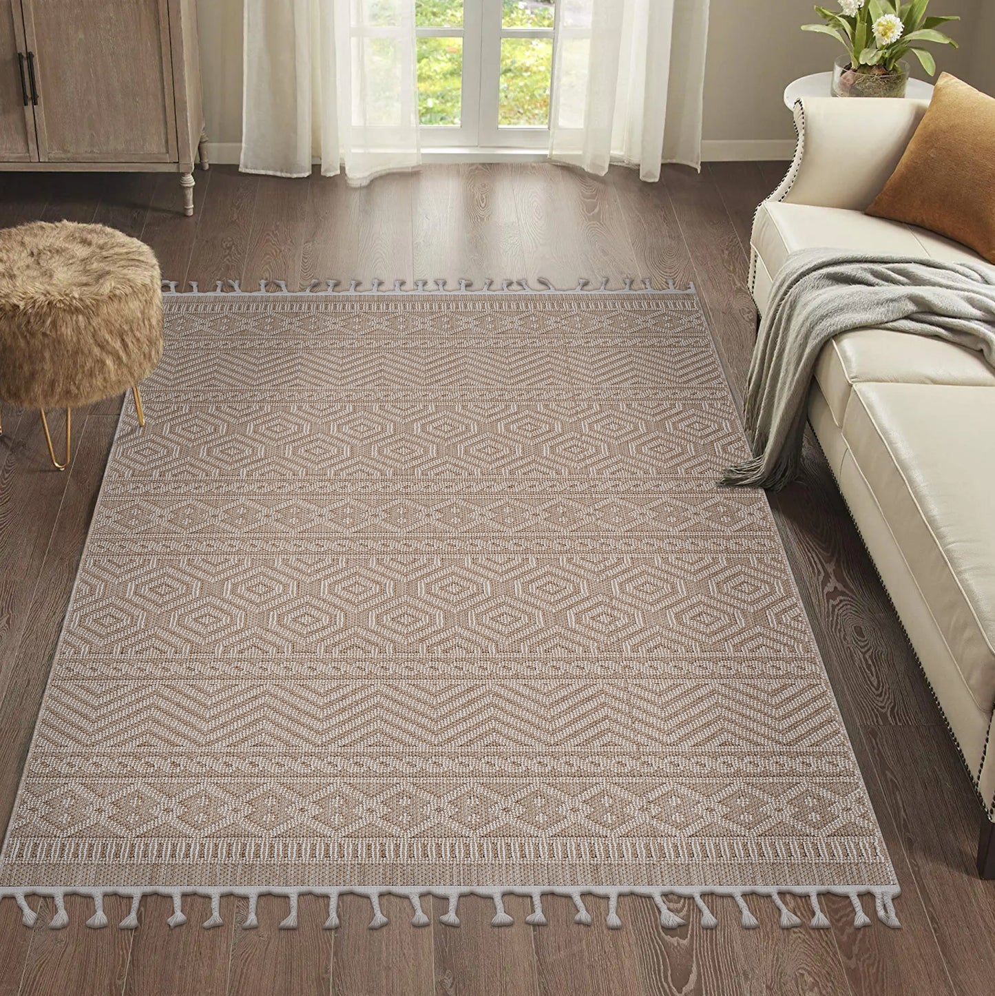 5X7 Mocha /Geometric Indoor/Outdoor Area Rug