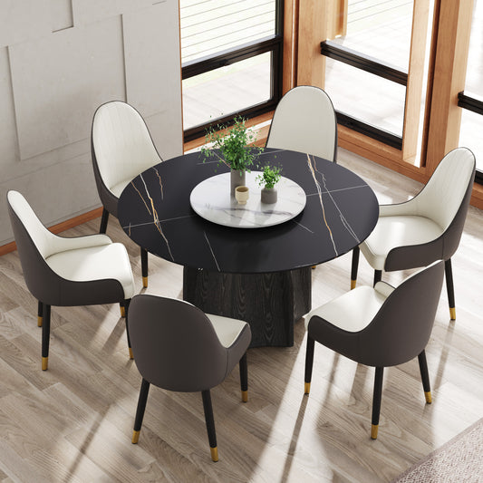 53" Round Marble Dining Table with Black Textured Solid Wood Base, Artificial Marble for 6 People, 23.62"White Artificial Stone Turntable,Black&White (Dining Table Only)