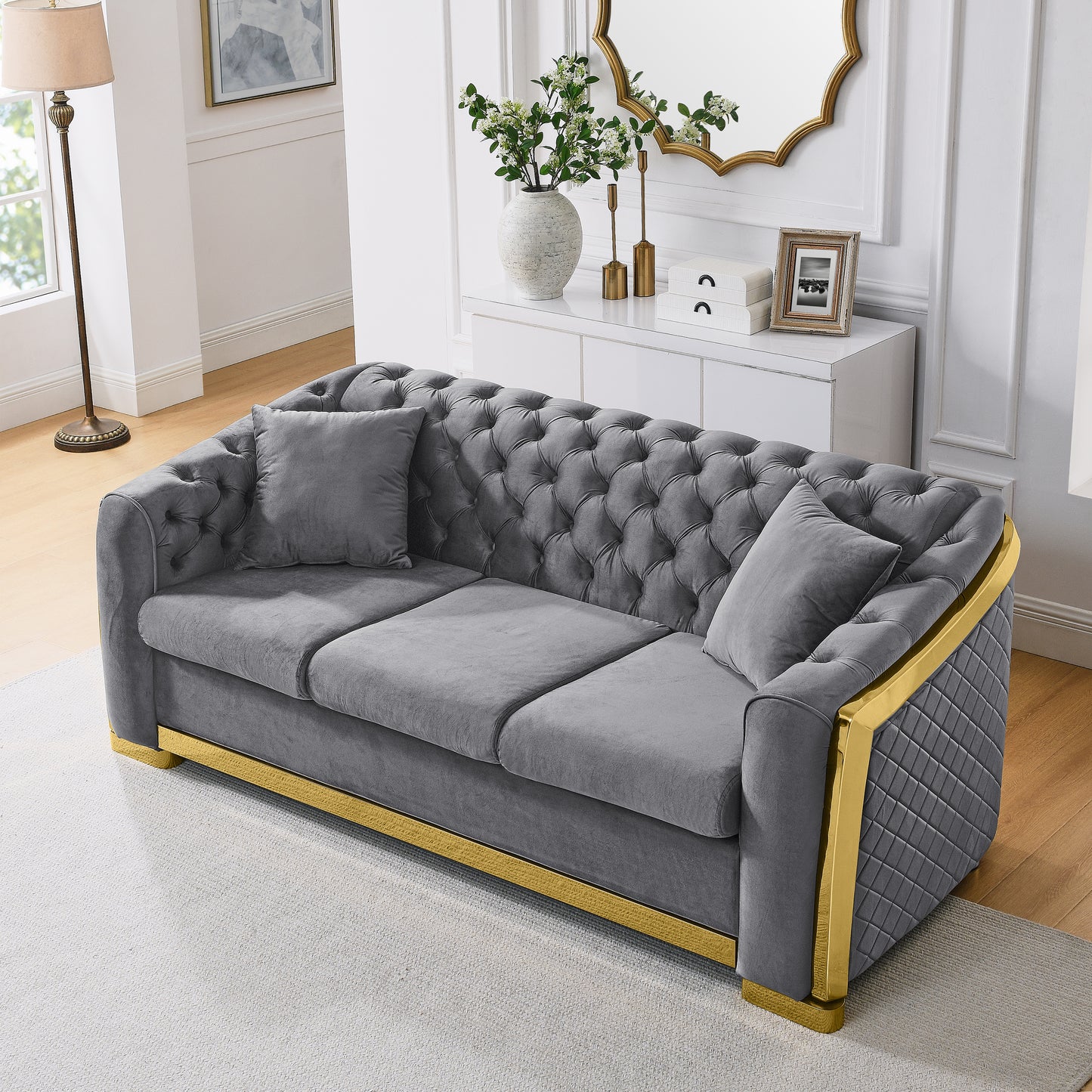 Velvet Luxury Chesterfield Sofa Set, 84 Inches Tufted 3 Seat Couch with Gold Stainless for Living Room, Grey Fabric