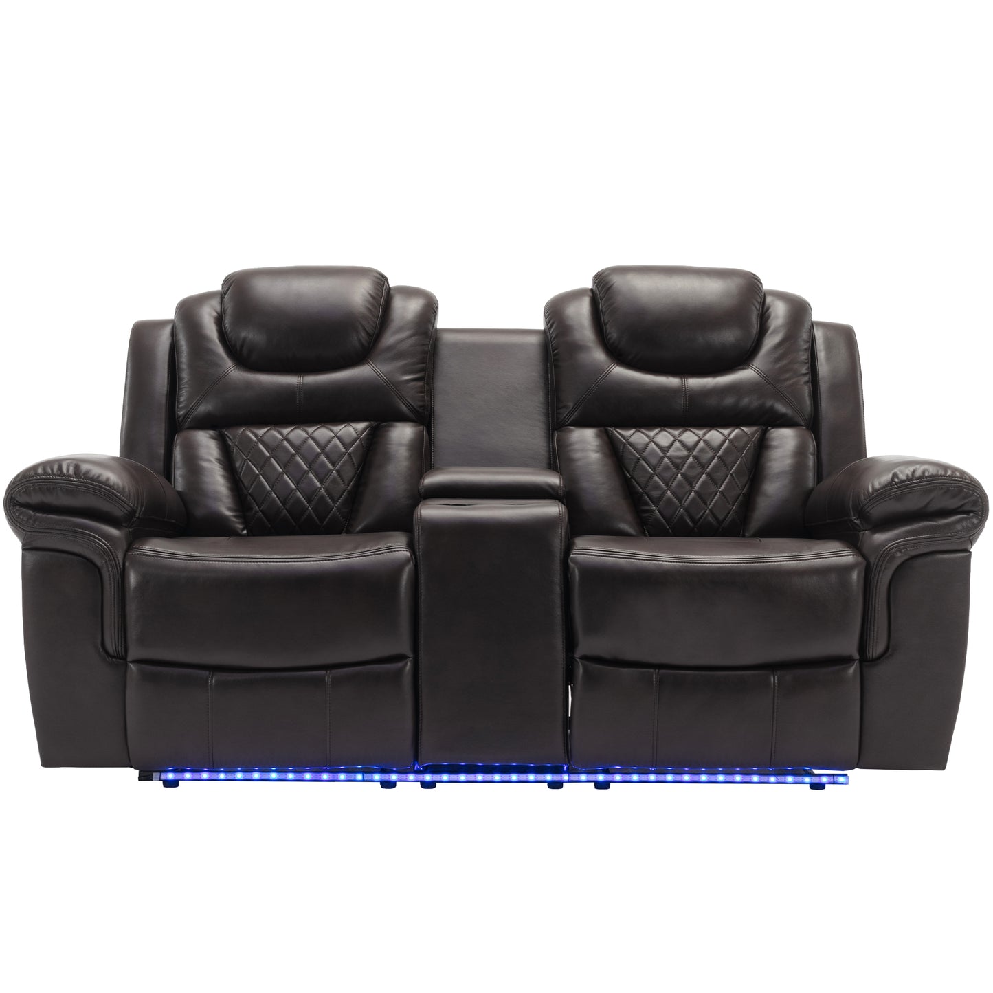 3 Pieces Recliner Sofa Sets Home Theater Seating Manual Recliner Chair with Center Console and LED Light Strip for Living Room, Brown