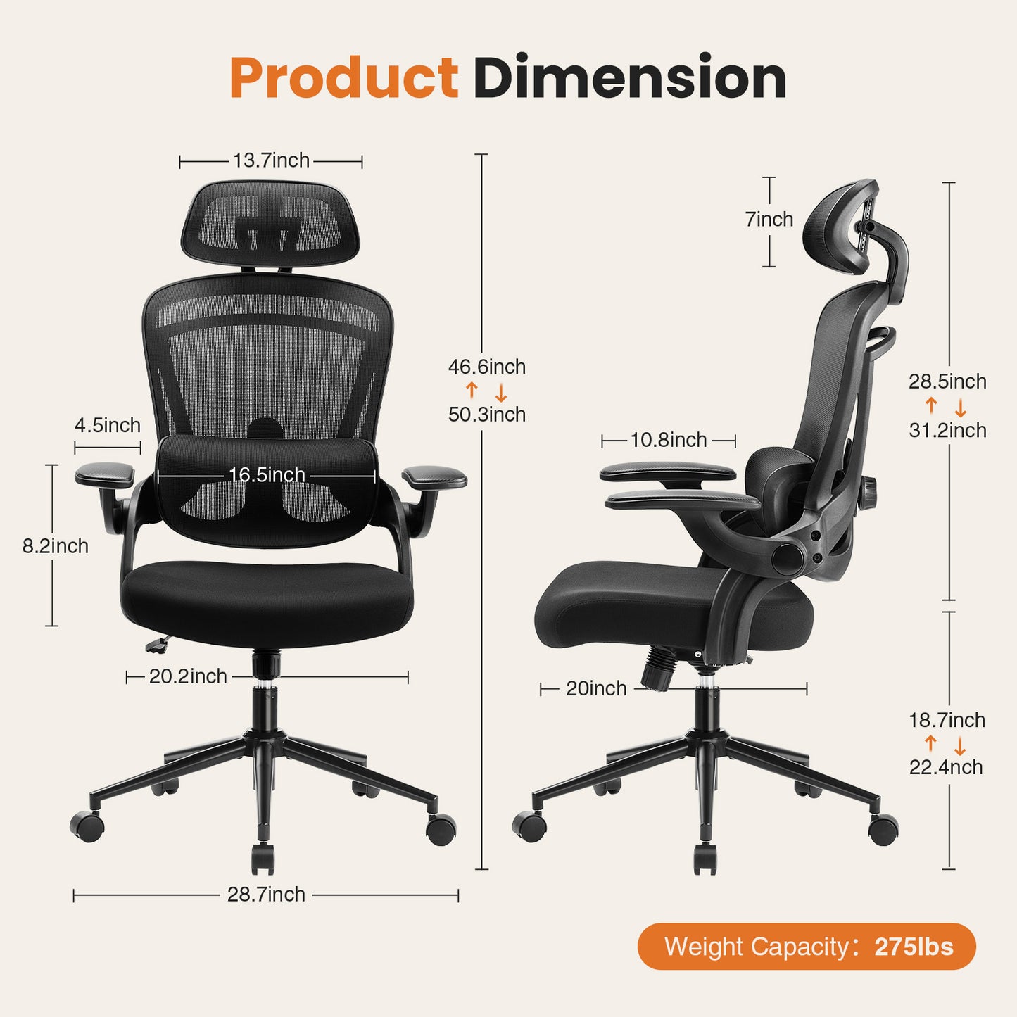 High Back Desk Chair with Adjustable Lumbar Support & Headrest,Comfortable Mesh Computer Chair with Soft Flip Up Arms, Adjustable Height and 120°Tilt,Black