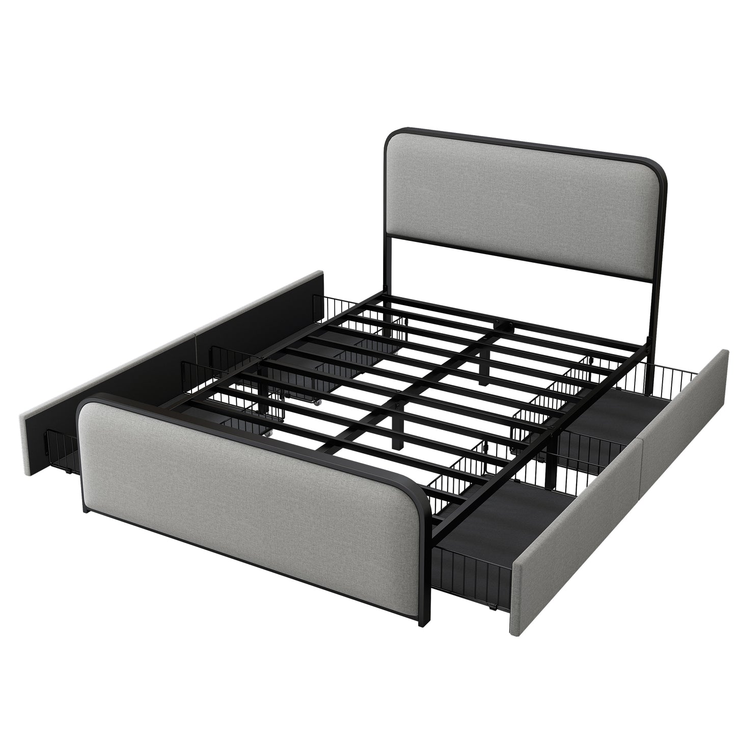 Modern Metal Bed Frame with Curved Upholstered Headboard and Footboard Bed with 4 Storage Drawers, Heavy Duty Metal Slats, Full Size, Grey