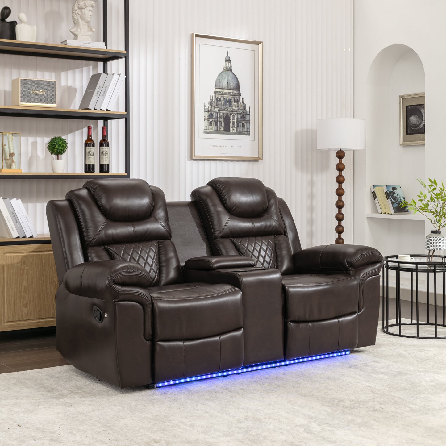 3 Pieces Recliner Sofa Sets Home Theater Seating Manual Recliner Chair with Center Console and LED Light Strip for Living Room, Brown