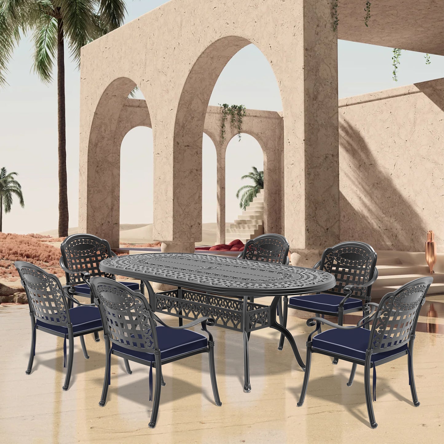 (Cushions In  Random Colors)7-Piece Set Of Cast Aluminum Patio Furniture With  Cushions