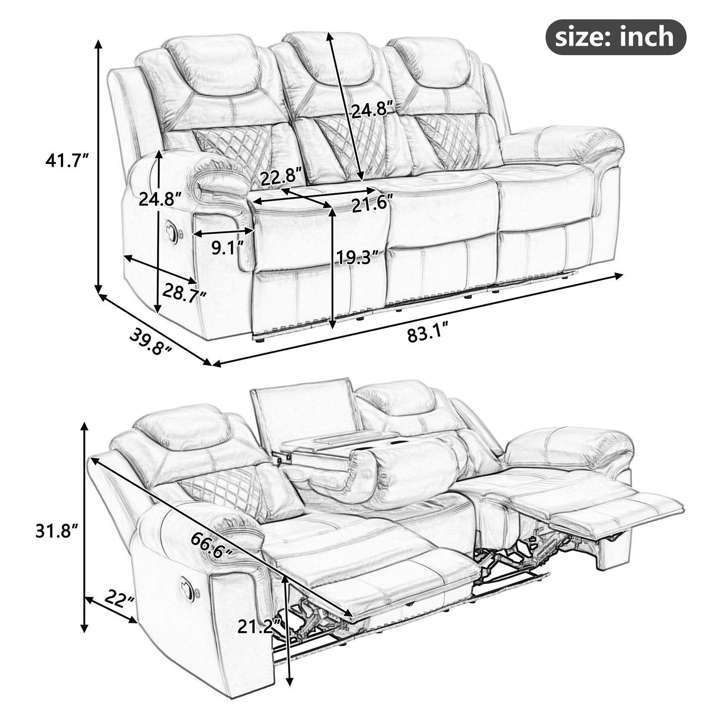 3 Pieces Recliner Sofa Sets Home Theater Seating Manual Recliner Chair with Center Console and LED Light Strip for Living Room, Brown