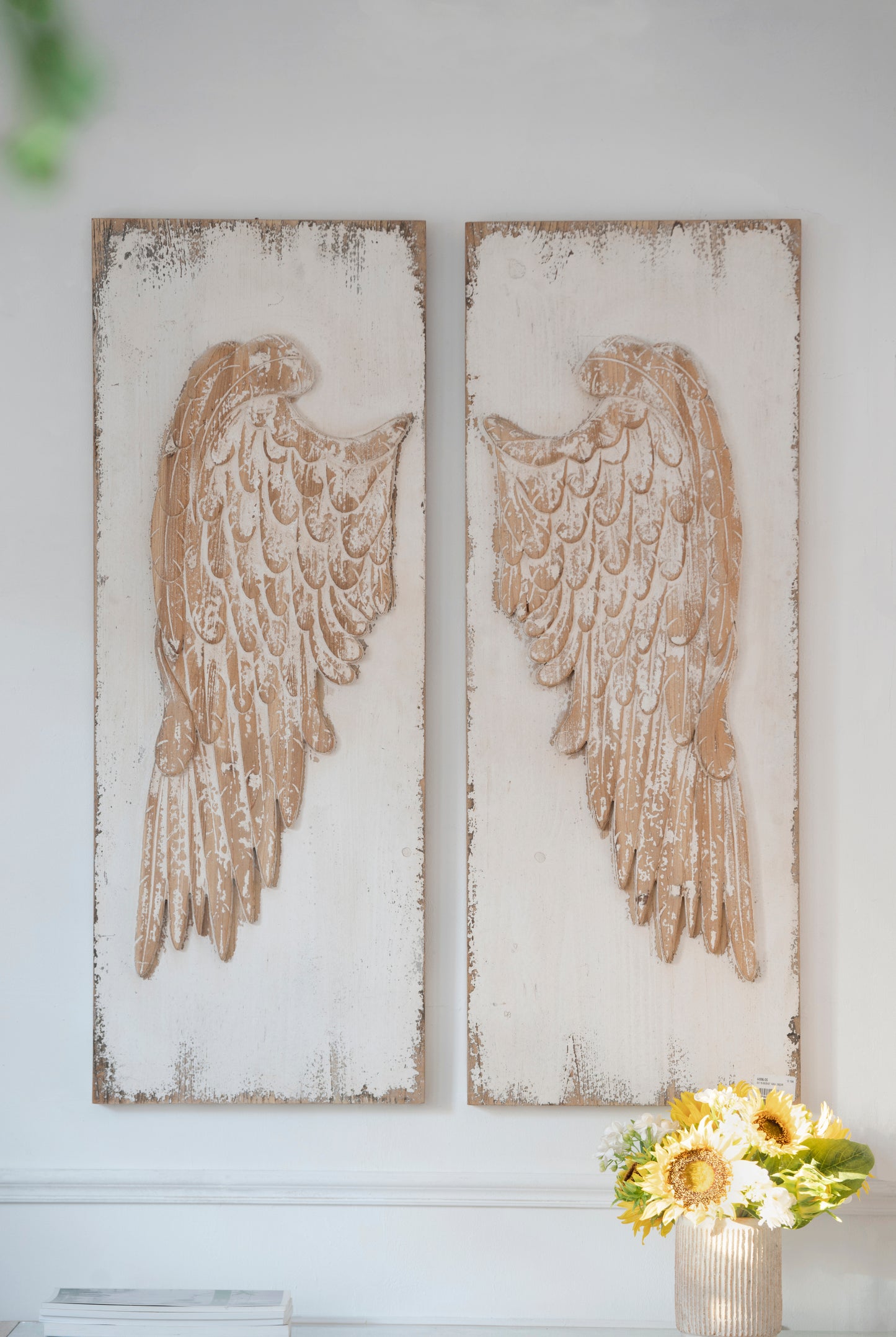 Set of 2 Feather Wing Wall Panels with Distressed White Finish, Rectangle Hanging Wall Art, 42" x 15.5"