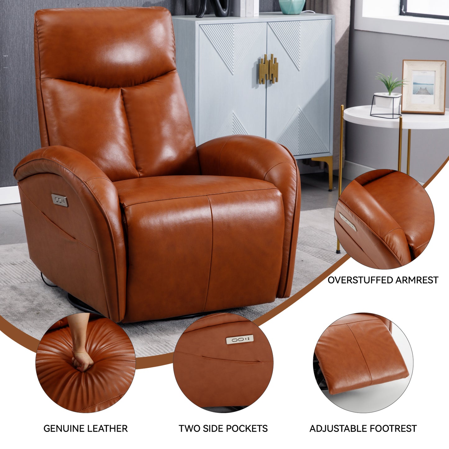 Yellow Brown Genuine Leather Swivel and Rocker Power Recliner Chair with Lumbar Support, Max Swivel Degree 270°, Heavy Duty Motion Mechanism with USB and Type-C