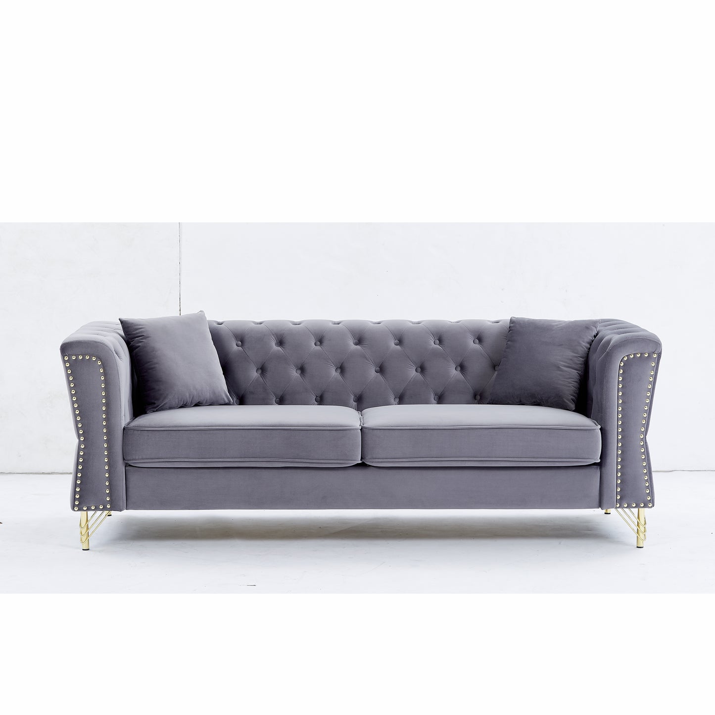 3-seater Combination Sofa Tufted Couch with Rolled Arms and Nailhead for Living Room, Bedroom, Office, Apartment, four pillows