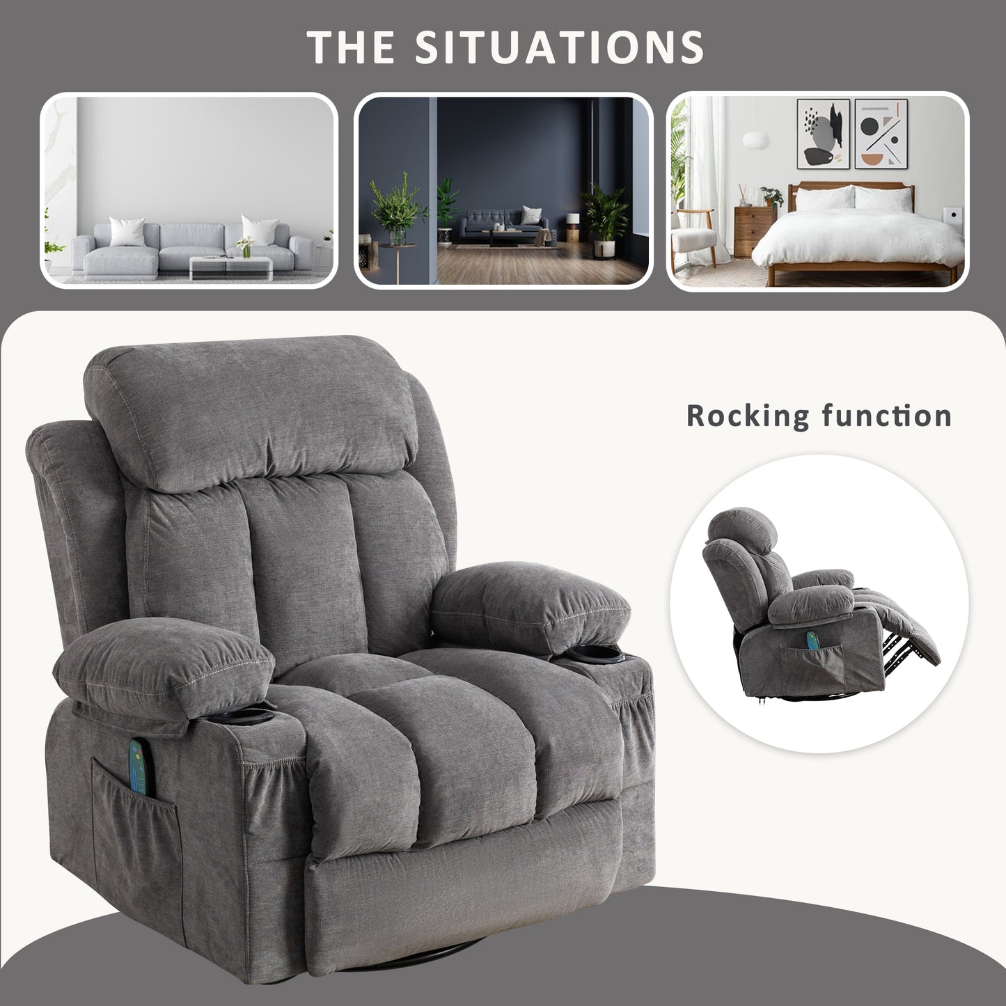 Vanbow.Swinging recliner massage heated sofa, with USB and 2 cup holders in side pockets, Package A and B (gray velvet)