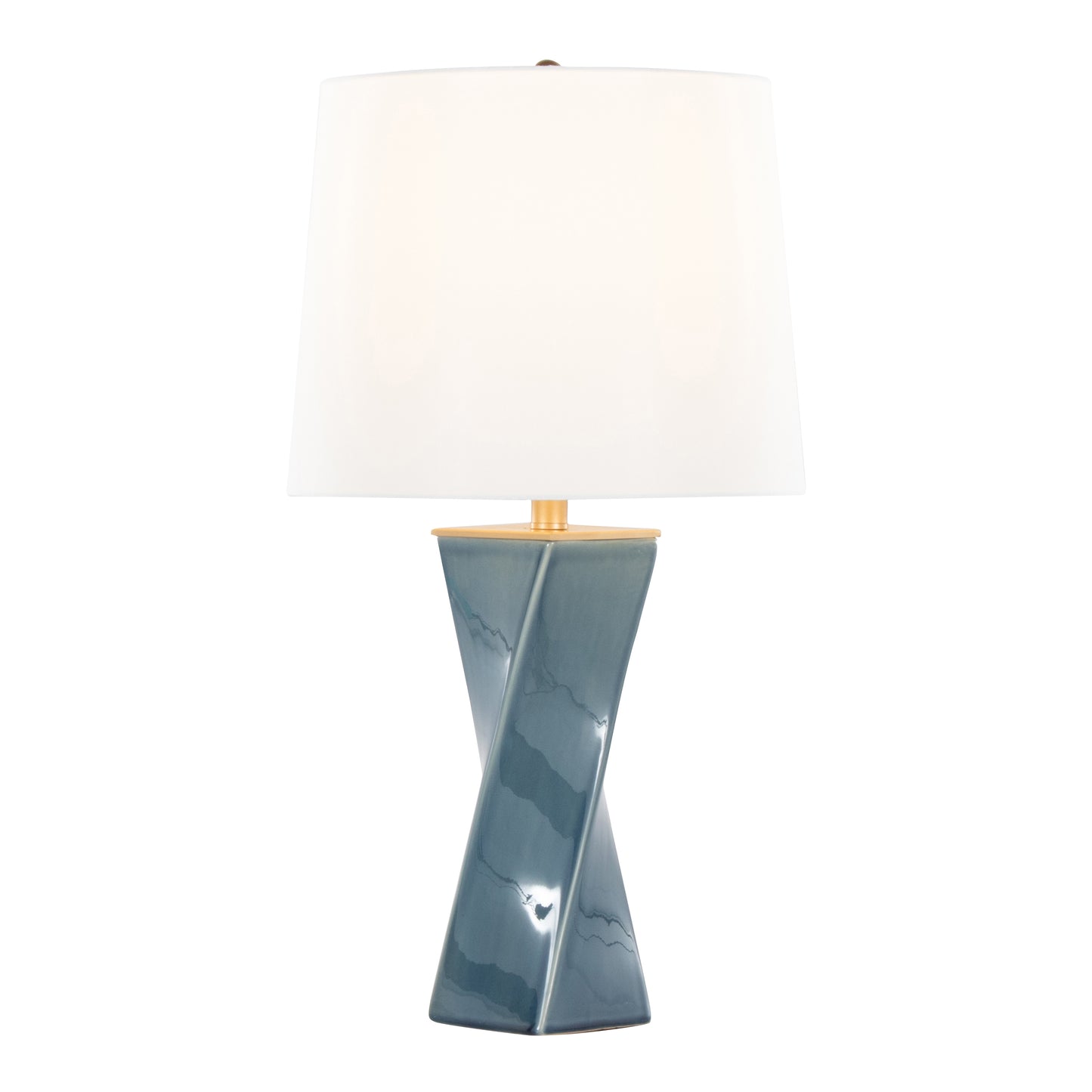 Curvo Square Contemporary 27" Ceramic Table Lamp in Blue Ceramic, Gold Metal, and White Linen by LumiSource