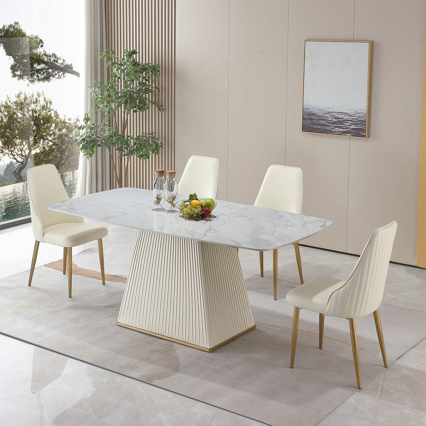 71" Contemporary Dining Table Sintered Stone Square Pedestal Base with 6 pcs Chairs .