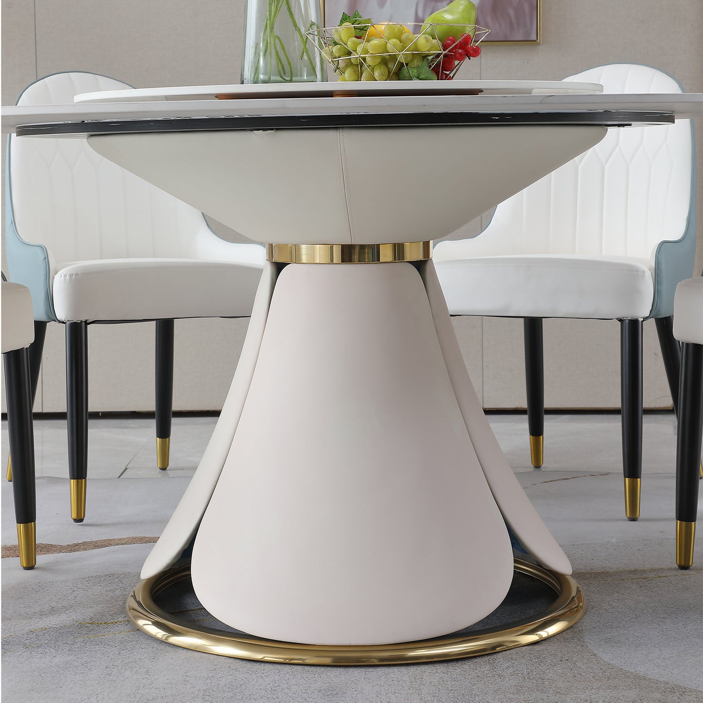 59.05"Modern Sintered stone dining table with 31.5" round turntable with wood and metal exquisite pedestal with 8 pcs Chairs .