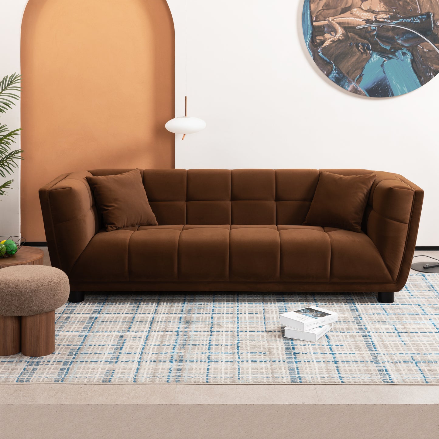 WKS13 Mid-century modern style: camel sofa simple, small square design, velvet fabric texture smooth, retro fashion, solid wood feet, 2 people design