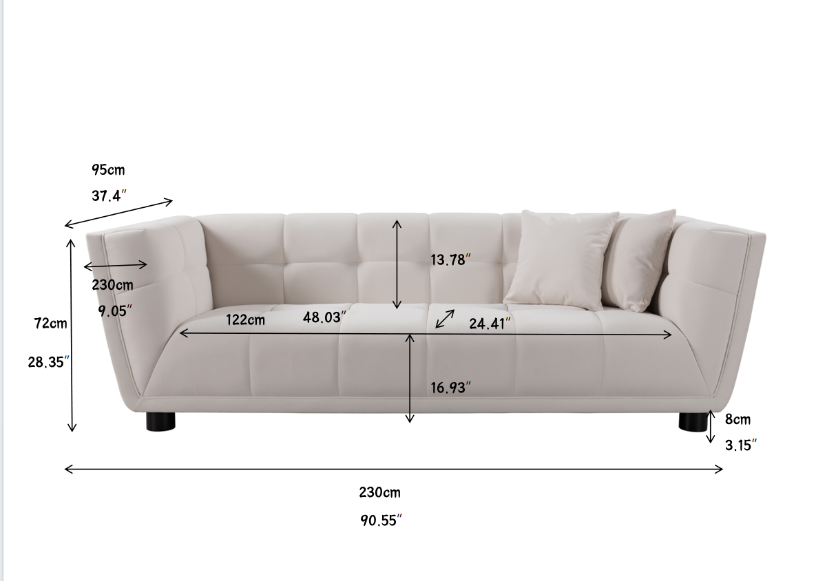 WKS13 Mid-century modern style: simple white sofa, small square design, velvet fabric texture smooth, retro fashion, solid wood feet, 2 people design