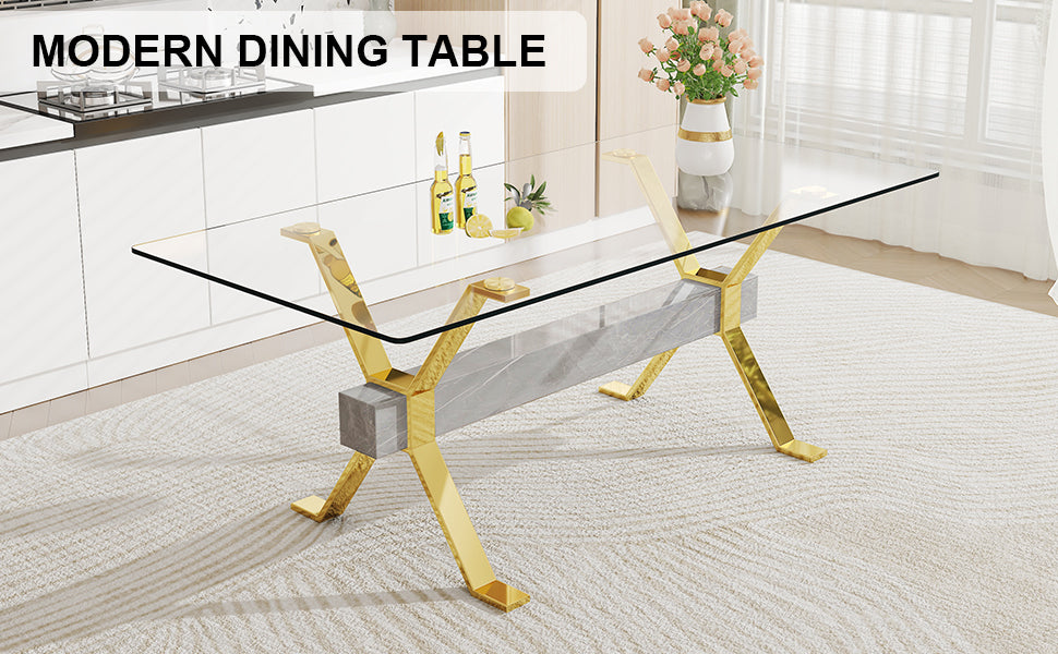 1 table and 8 chairs. Modern, simple and luxurious tempered glass rectangular dining table and desk with 8 white PU gold plated leg chairs 79''x39''x30''