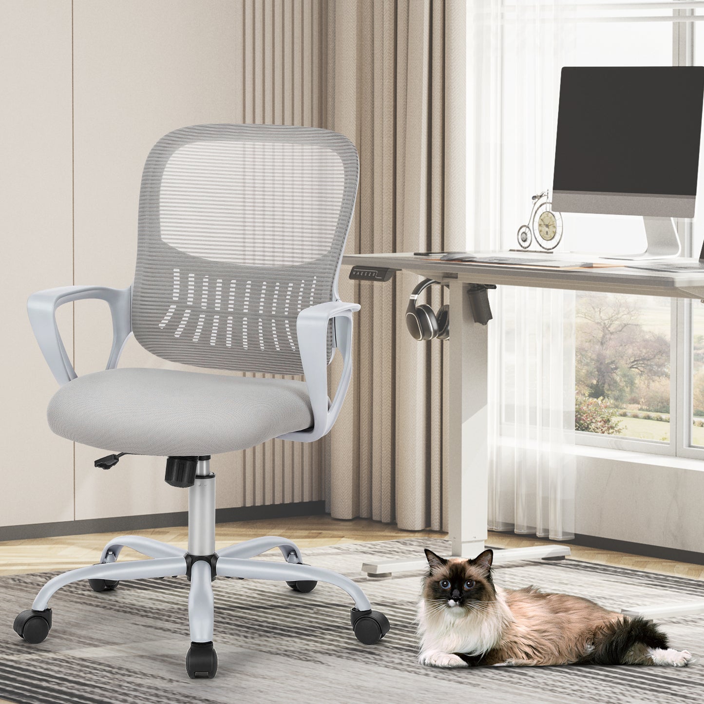 Sweetcrispy Ergonomic Office Chair Home Desk Mesh Chair with Fixed Armrest Executive Computer Chair with Soft Foam Seat Cushion