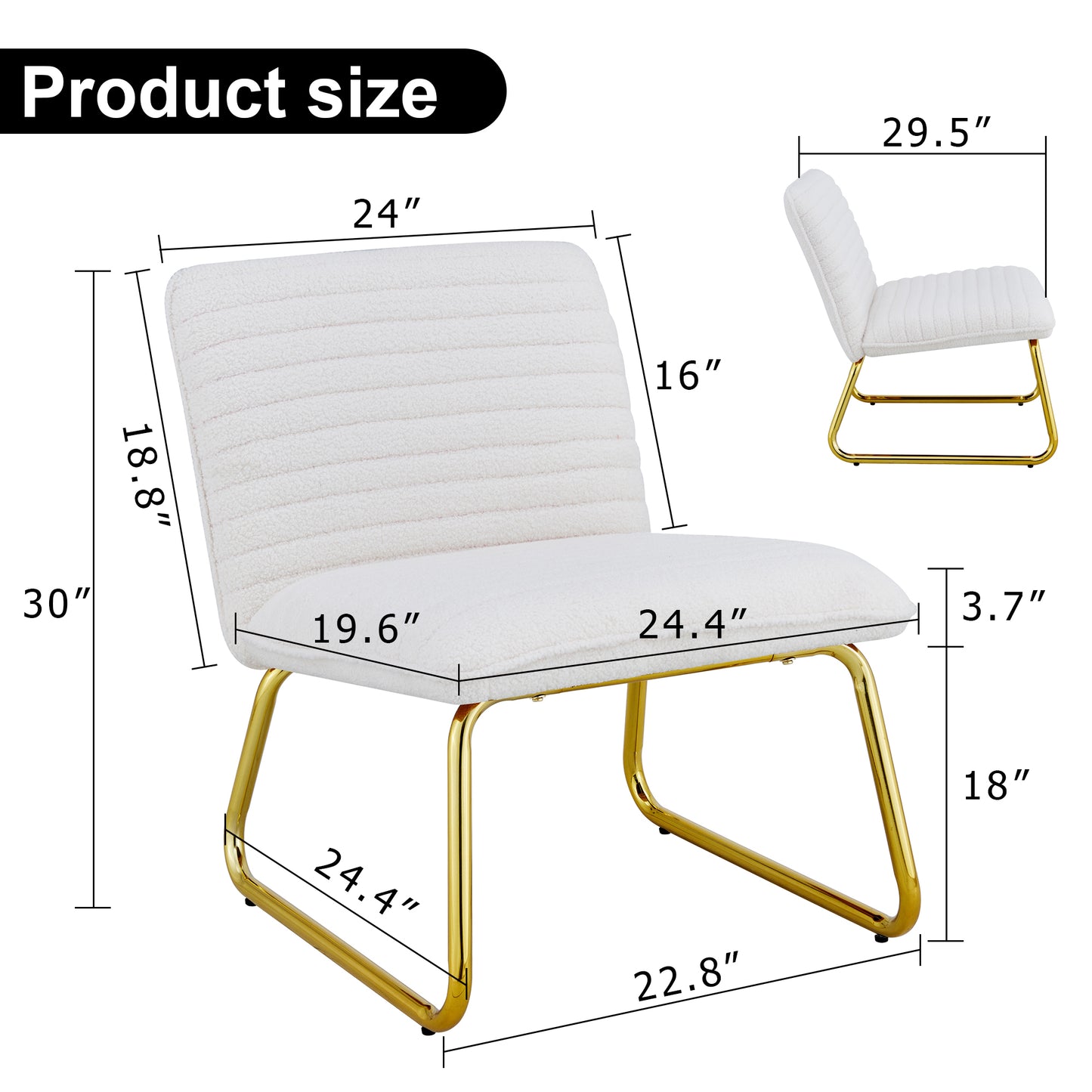 One White minimalist armless sofa chair with plush cushion and backrest paired with golden metal legs, suitable for offices, restaurants, kitchens, bedrooms