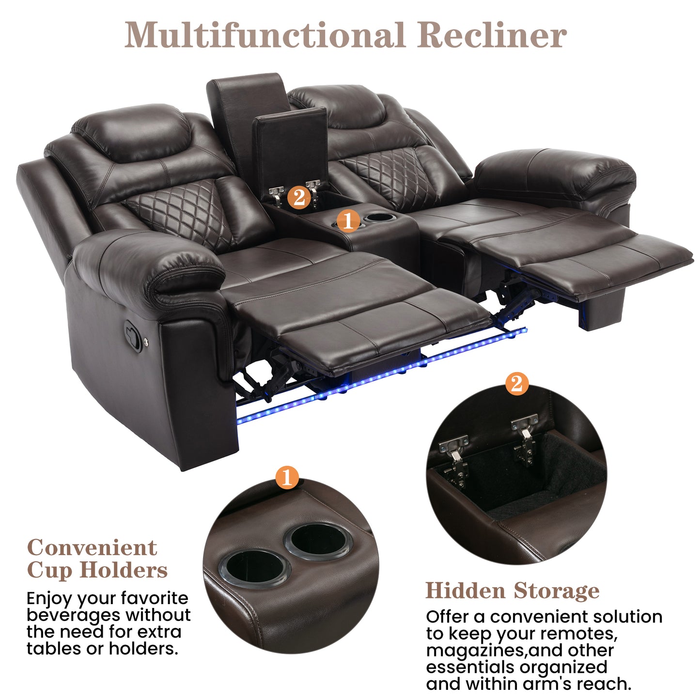 3 Pieces Recliner Sofa Sets Home Theater Seating Manual Recliner Chair with Center Console and LED Light Strip for Living Room, Brown