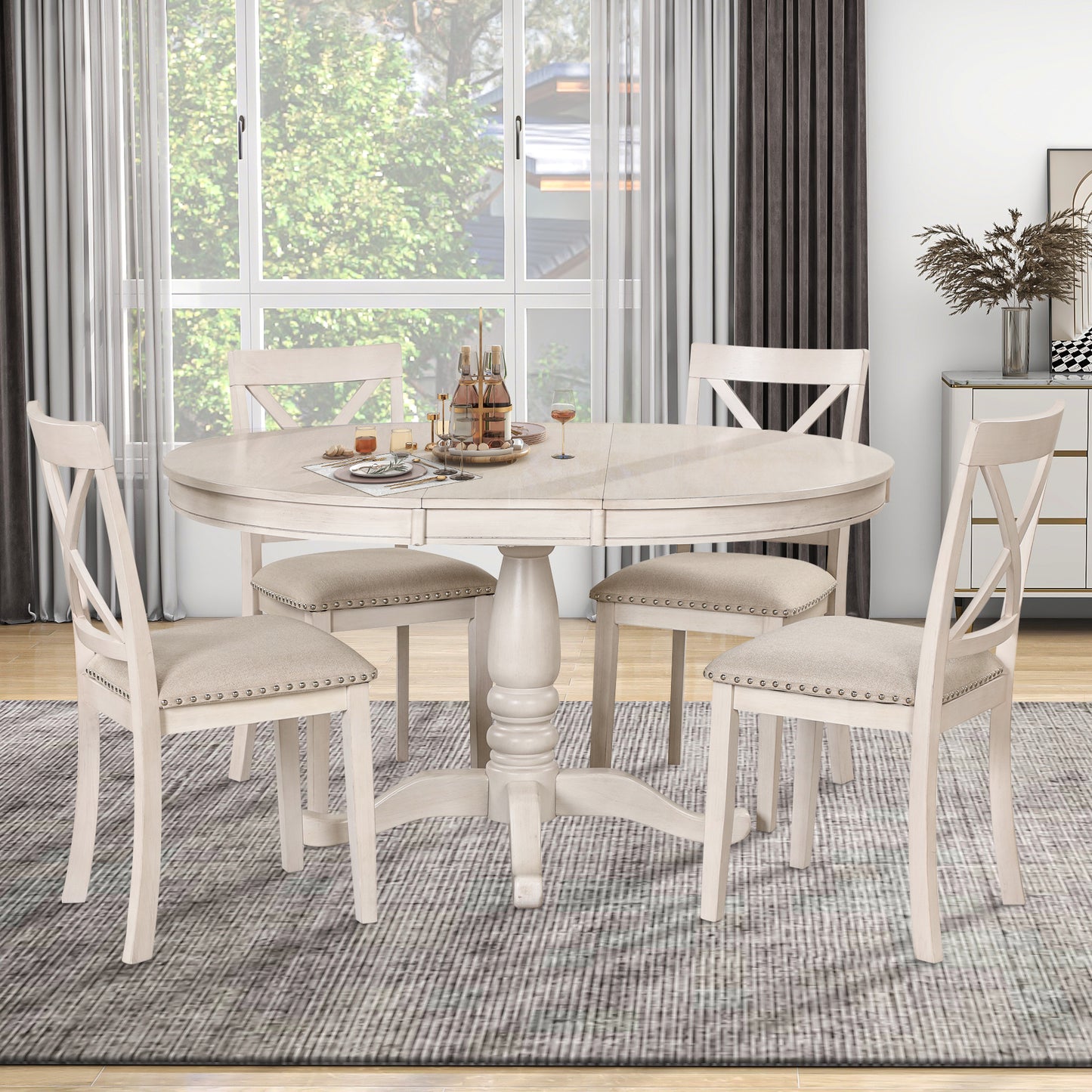 Modern Dining Table Set for 4,Round Table and 4 Kitchen Room Chairs,5 Piece Kitchen Table Set for Dining Room,Dinette,Breakfast Nook,Antique White