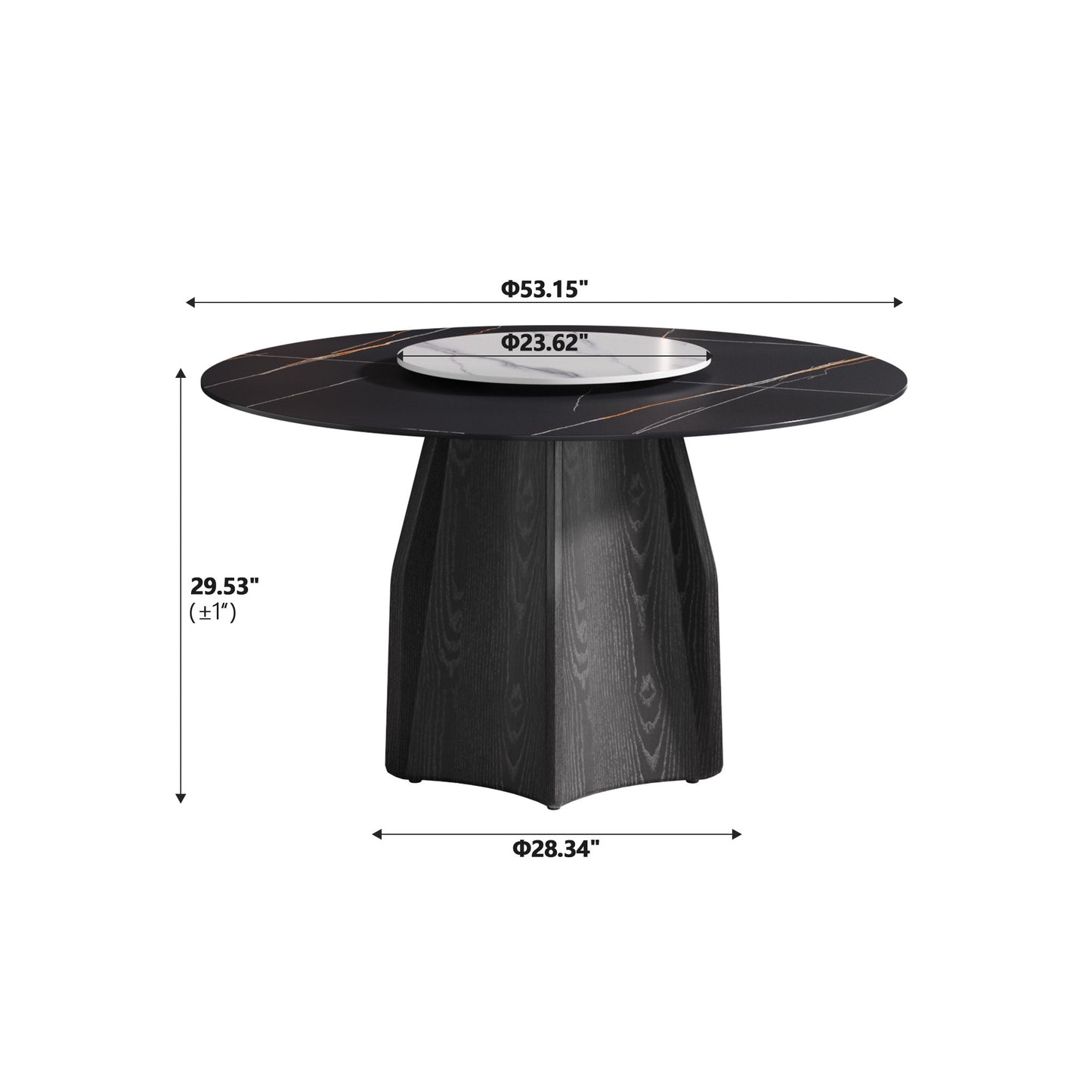 53" Round Marble Dining Table with Black Textured Solid Wood Base, Artificial Marble for 6 People, 23.62"White Artificial Stone Turntable,Black&White (Dining Table Only)