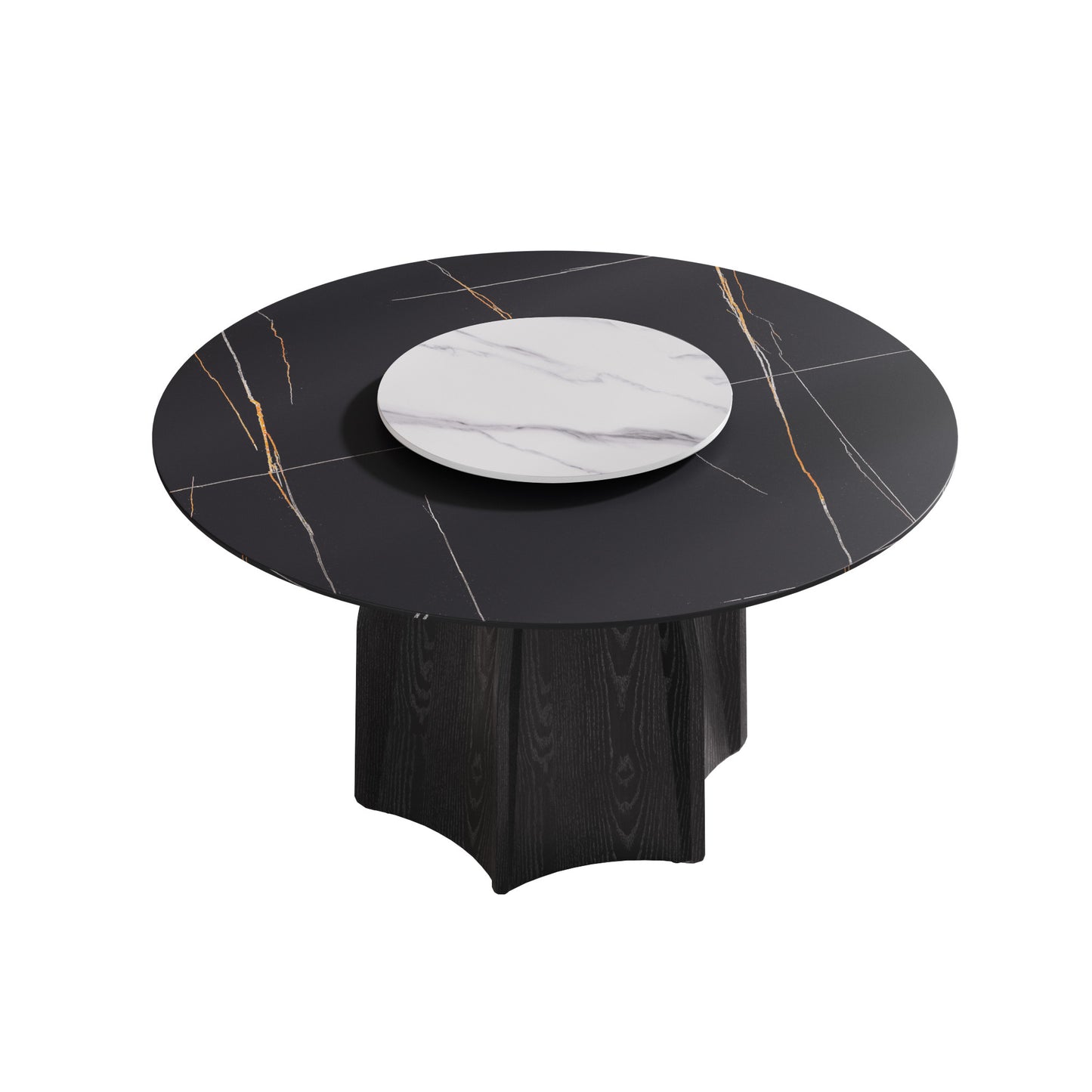 53" Round Marble Dining Table with Black Textured Solid Wood Base, Artificial Marble for 6 People, 23.62"White Artificial Stone Turntable,Black&White (Dining Table Only)