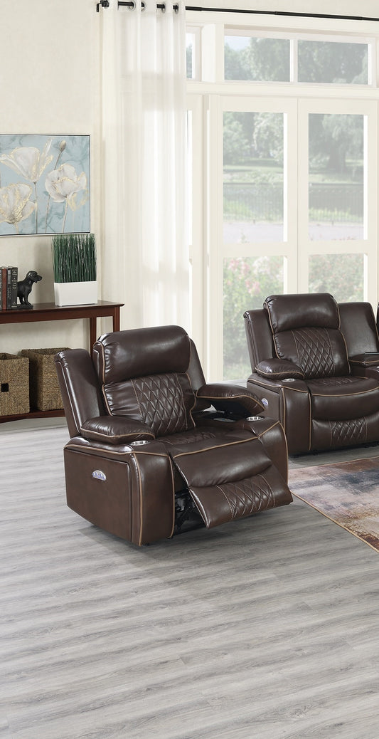 Power Motion Recliner Chair 1pc Chair Contemporary Brown Color Gel Leatherette Storage Arms w Cup Holder Living Room Furniture