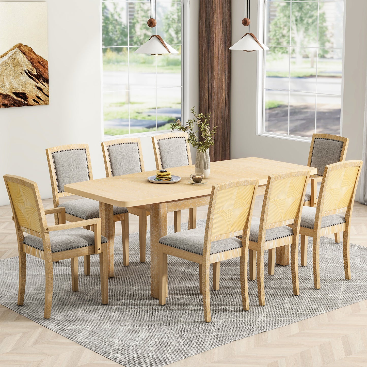 TOPMAX Rustic Extendable 84inch Dining Table Set with 24inch Removable Leaf , 6 Upholstered Armless Dining Chairs and 2 Padded Arm Chairs, 9 Pieces, Natural