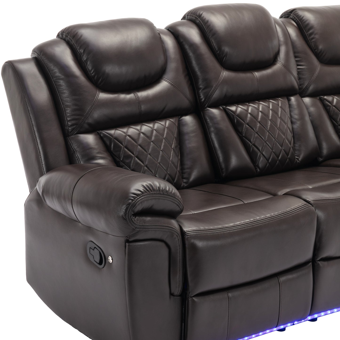 3 Pieces Recliner Sofa Sets Home Theater Seating Manual Recliner Chair with Center Console and LED Light Strip for Living Room, Brown