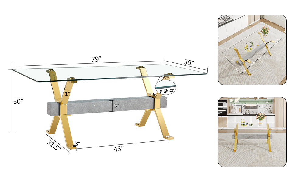 1 table and 8 chairs. Modern, simple and luxurious tempered glass rectangular dining table and desk with 8 white PU gold plated leg chairs 79''x39''x30''