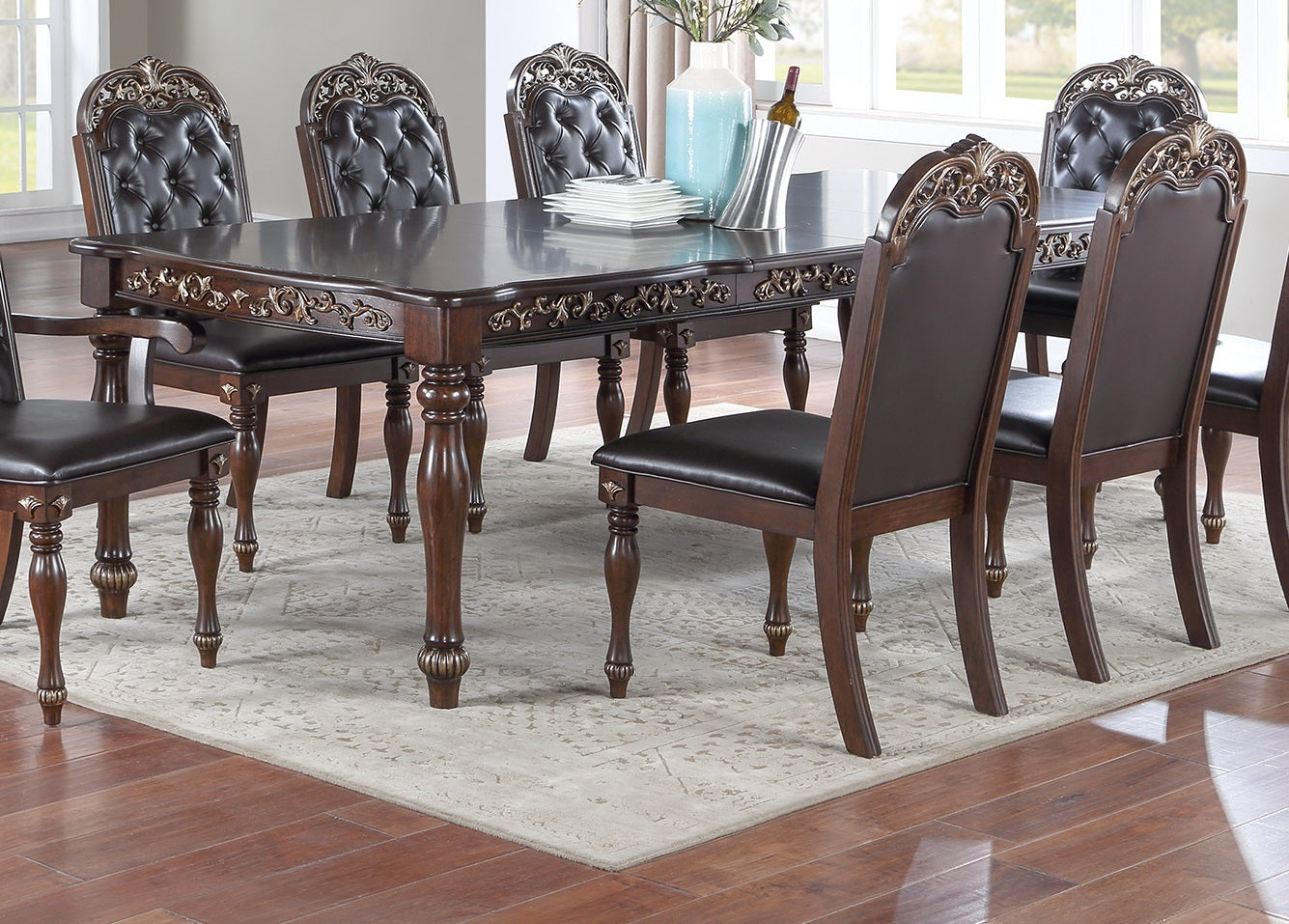 Traditional Brown Finish 9pc Dining Set Table w 2x Arm Chairs 6x Side Chairs Rubber wood Intricate Design Tufted back Cushion Seat Dining Room Furniture