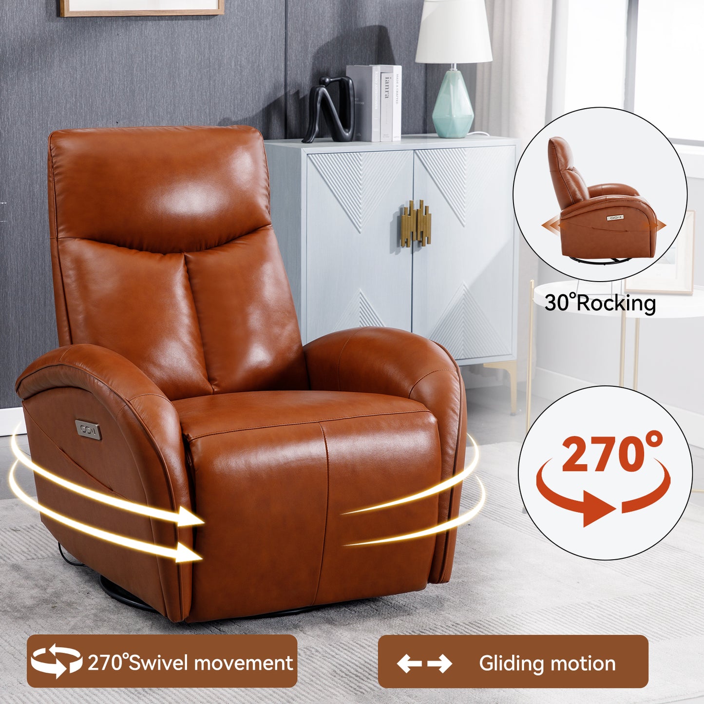 Yellow Brown Genuine Leather Swivel and Rocker Power Recliner Chair with Lumbar Support, Max Swivel Degree 270°, Heavy Duty Motion Mechanism with USB and Type-C