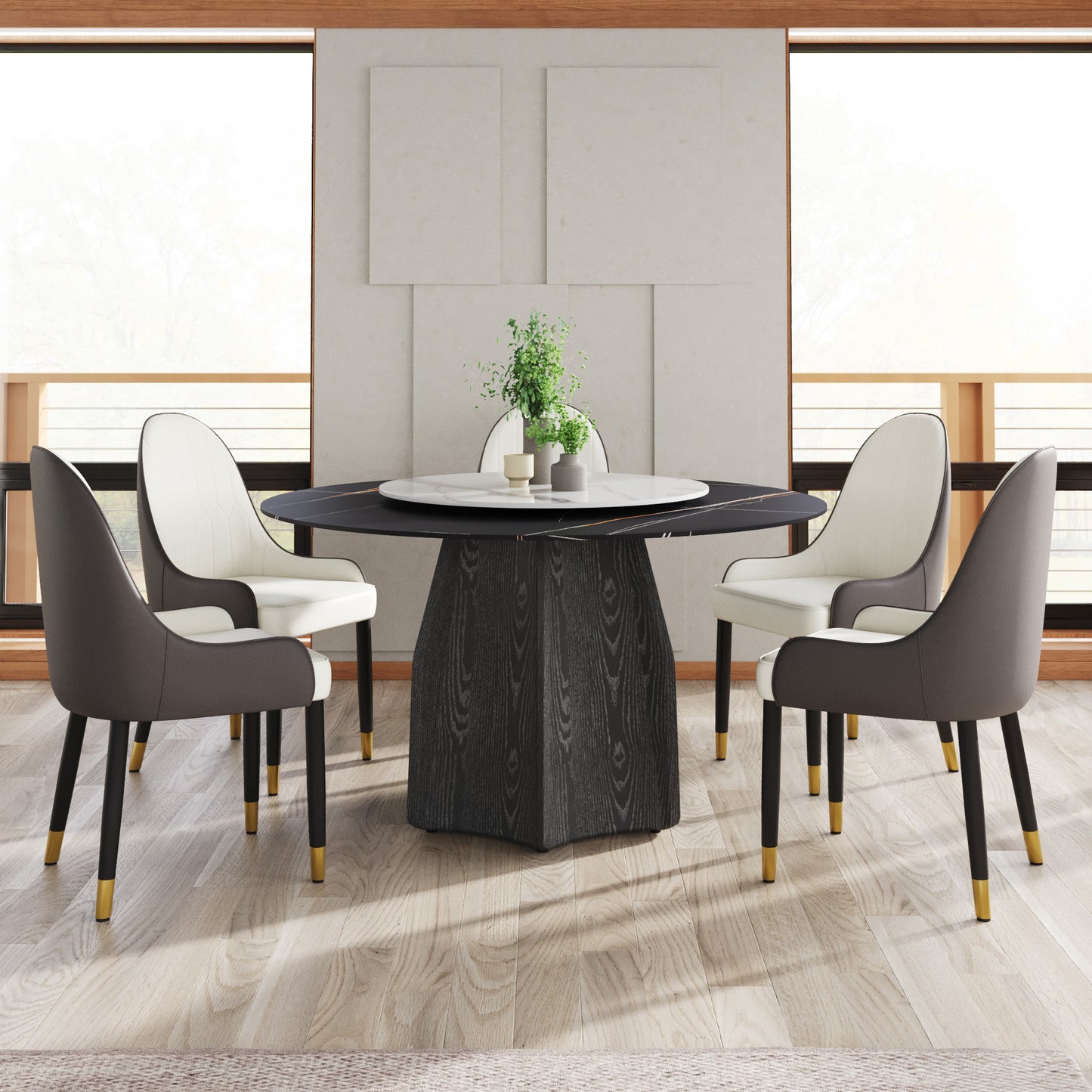 53" Round Marble Dining Table with Black Textured Solid Wood Base, Artificial Marble for 6 People, 23.62"White Artificial Stone Turntable,Black&White (Dining Table Only)