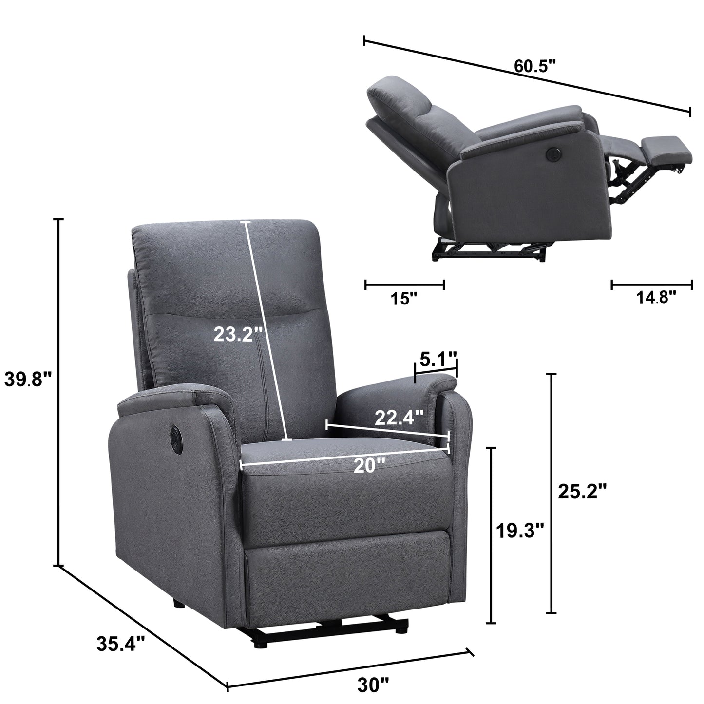 Power Recliner Chair With USB Charge port ,  Recliner Single Chair For Living Room , Bed Room