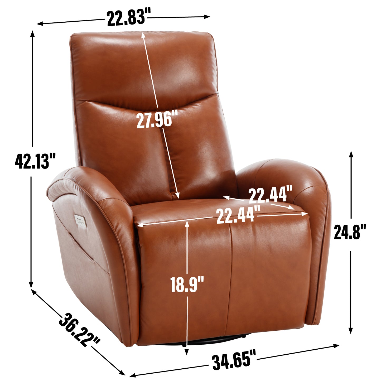 Yellow Brown Genuine Leather Swivel and Rocker Power Recliner Chair with Lumbar Support, Max Swivel Degree 270°, Heavy Duty Motion Mechanism with USB and Type-C