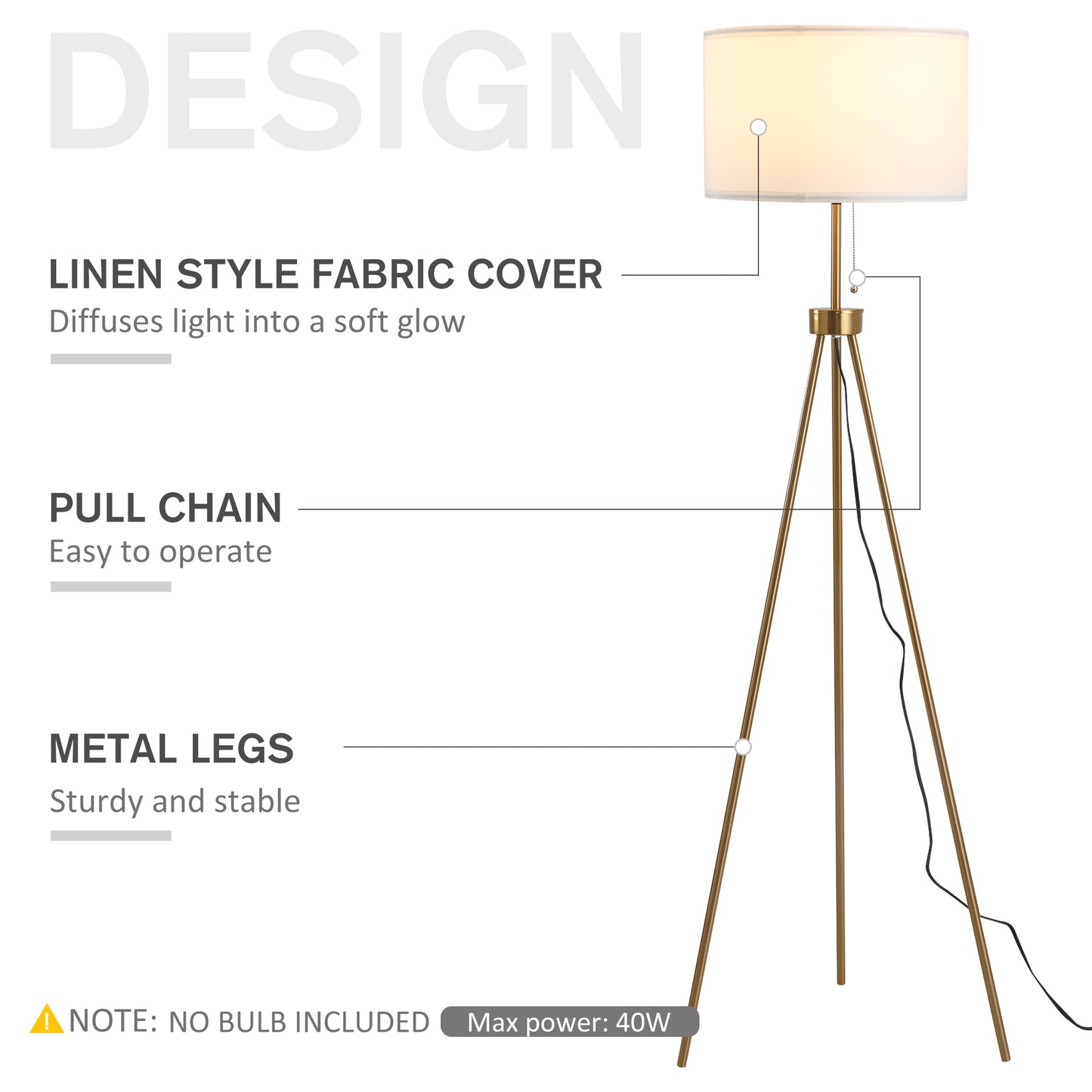 Homcom 59.75" Standing Floor Lamp Fabric Lampshade Steel Tripod, Gold