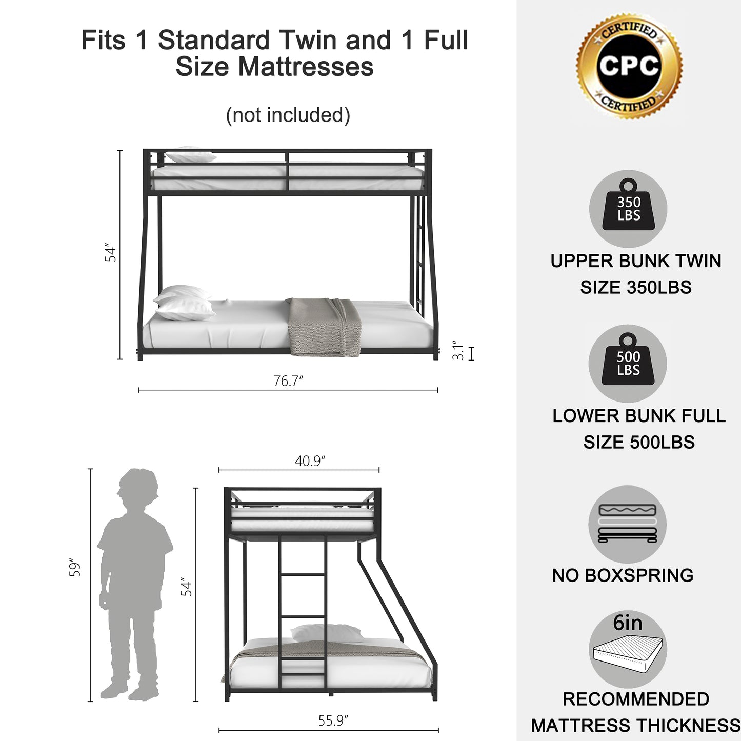 Adam Sturdy Twin over Full Metal Bunk Black for Kids and Adult, Low Profile and Easy Climbing with Stable Ladder