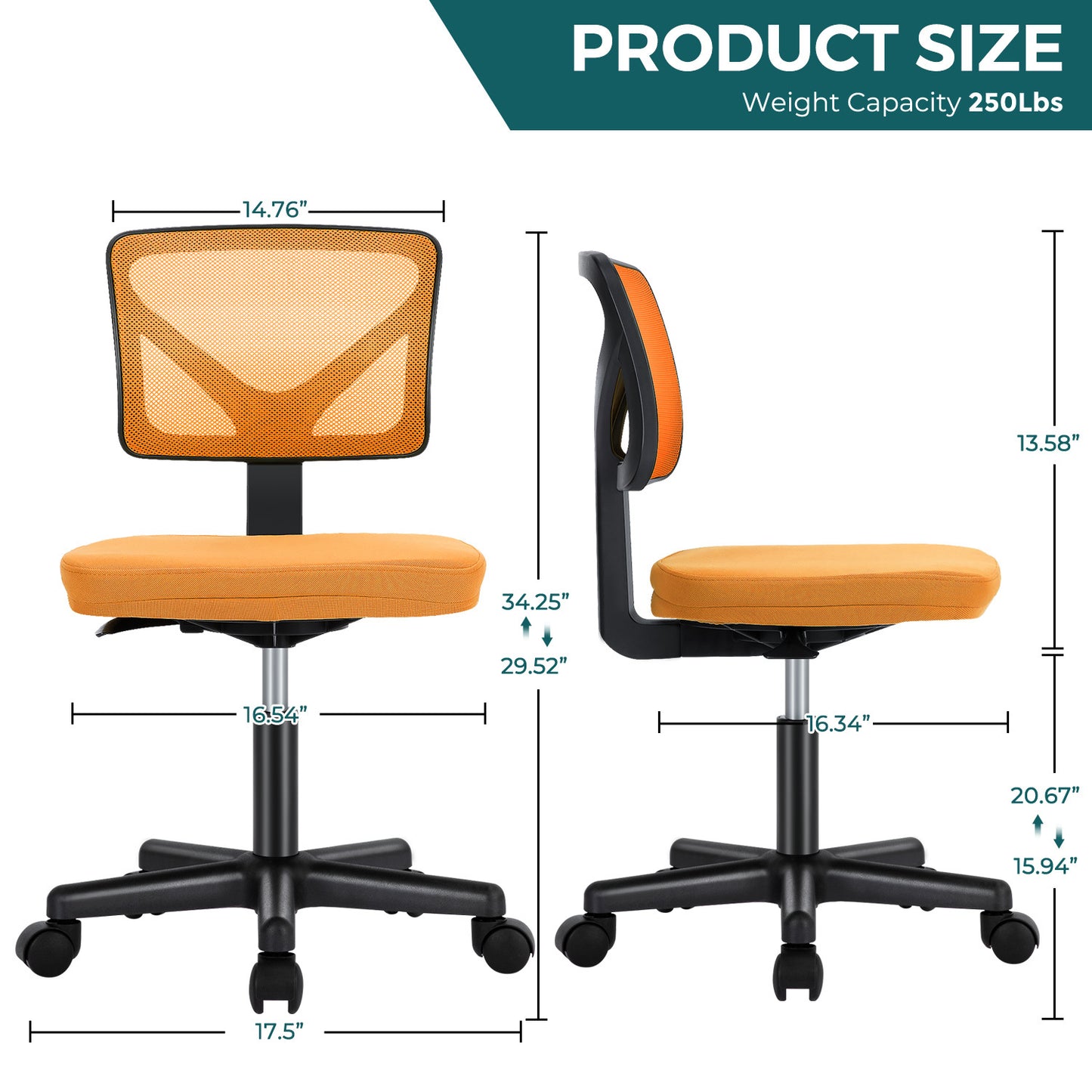 Sweetcrispy Armless Desk Chair Small Home Office Chair with Lumbar Support