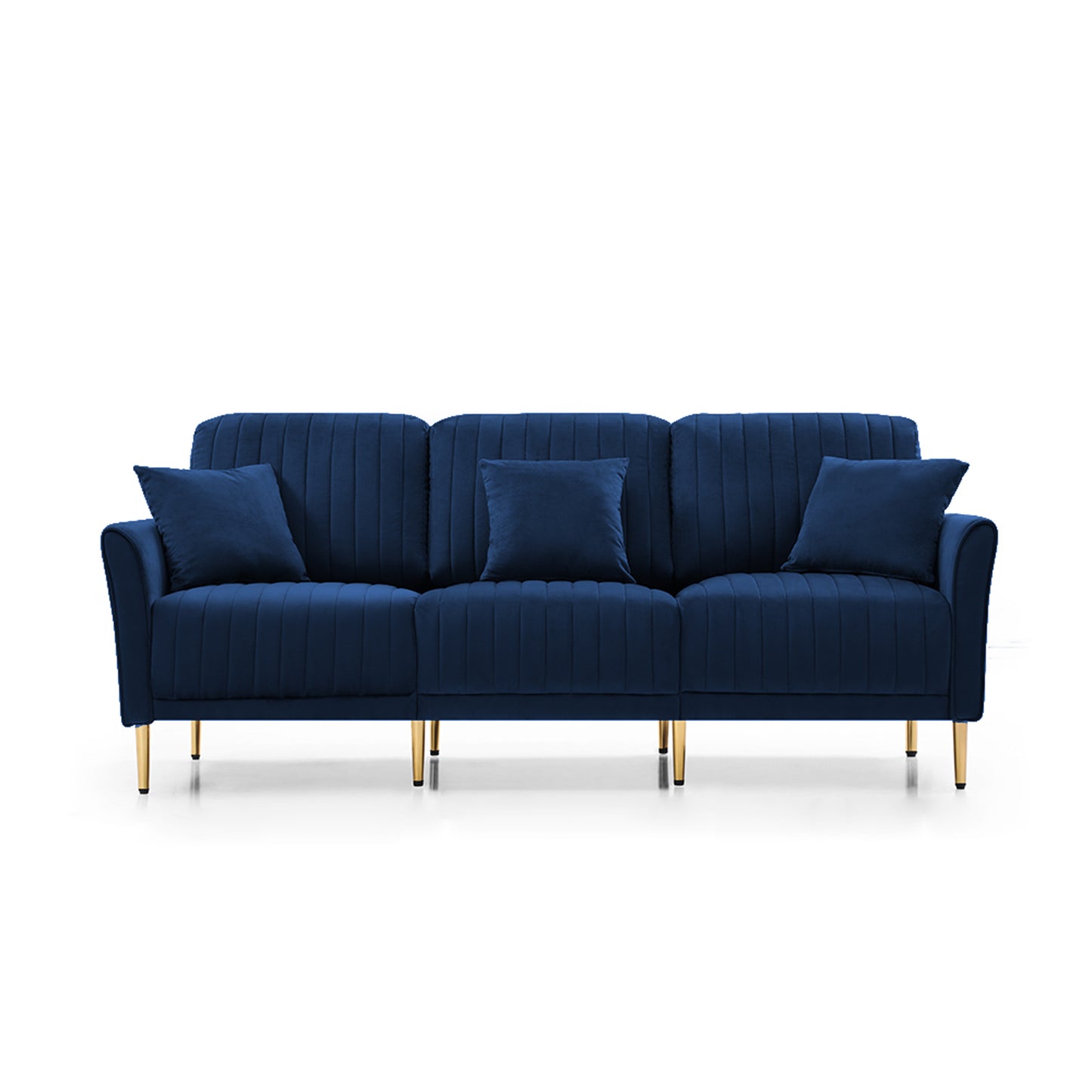 81.9" Navy Blue Velvet Channel Tufted Upholstered 3-Seater Sofa Scrolled Arms With 3 Pillows