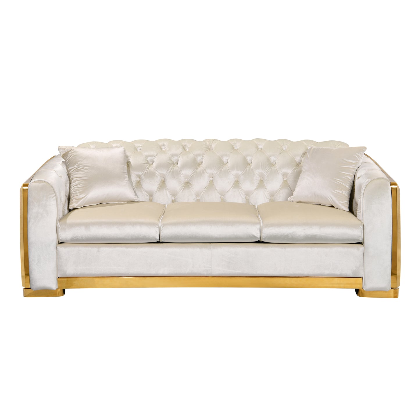 Velvet Luxury Chesterfield Sofa Set, 84 Inches Tufted 3 Seat Couch with Gold Stainless for Living Room, Beige Fabric